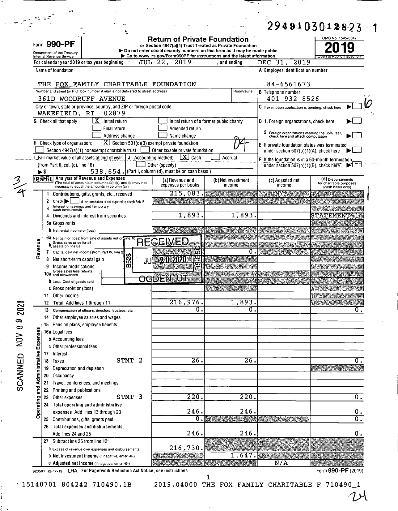 Image of first page of 2019 Form 990PF for The Fox Family Charitable Foundation