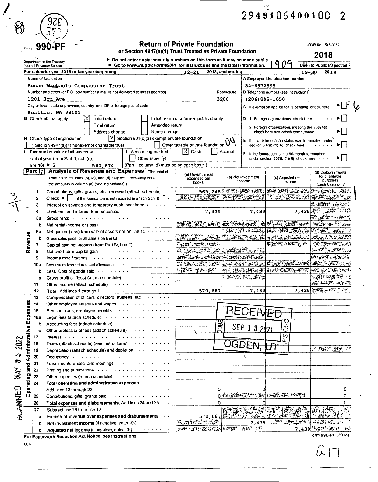 Image of first page of 2018 Form 990PF for Susan Michaels Compassion Trust