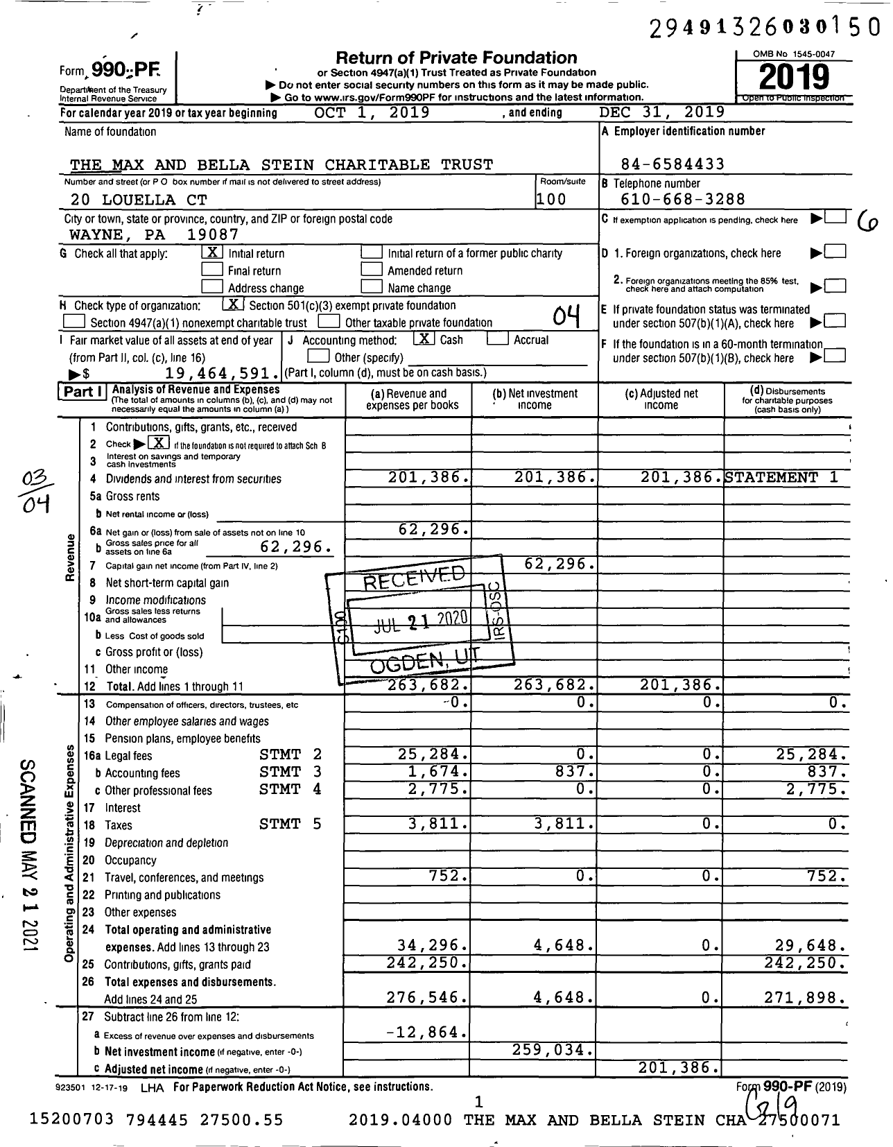 Image of first page of 2019 Form 990PF for The Max and Bella Stein Charitable Trust