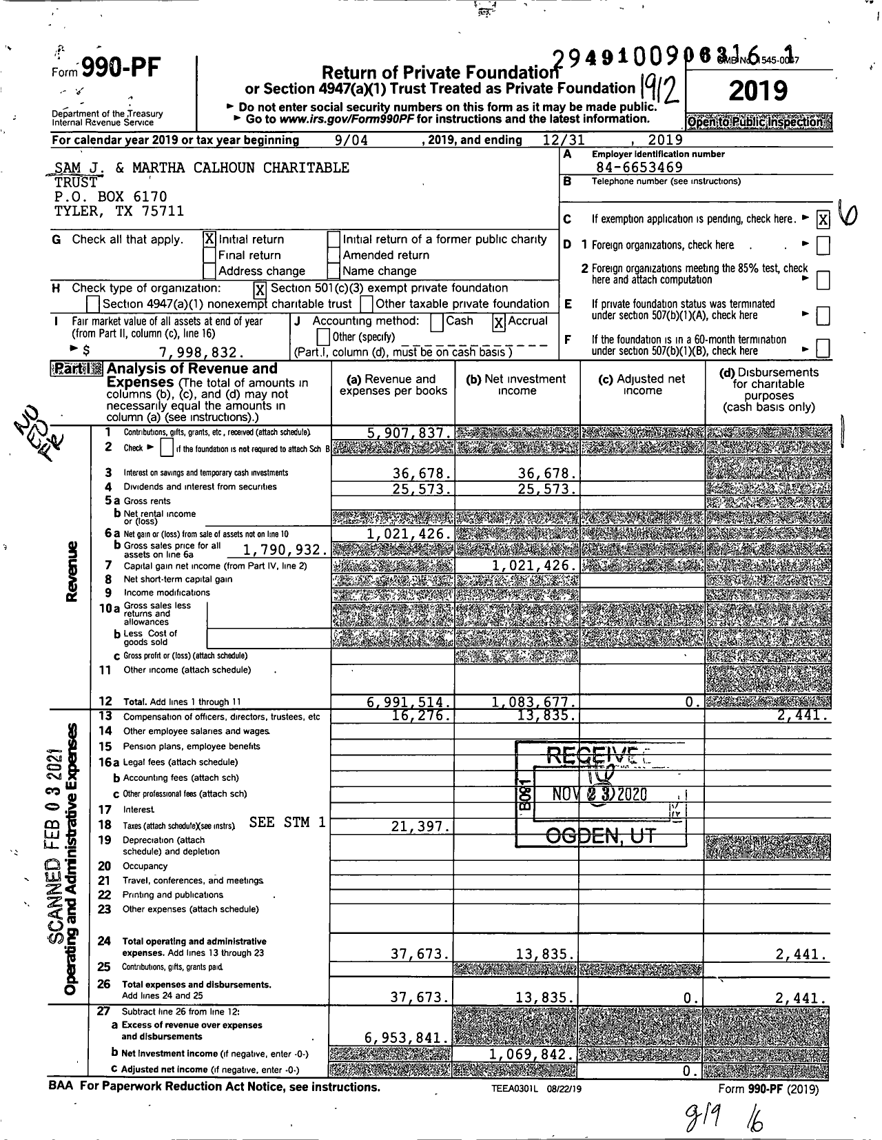 Image of first page of 2019 Form 990PF for Sam J and Martha Calhoun Charitable Trust