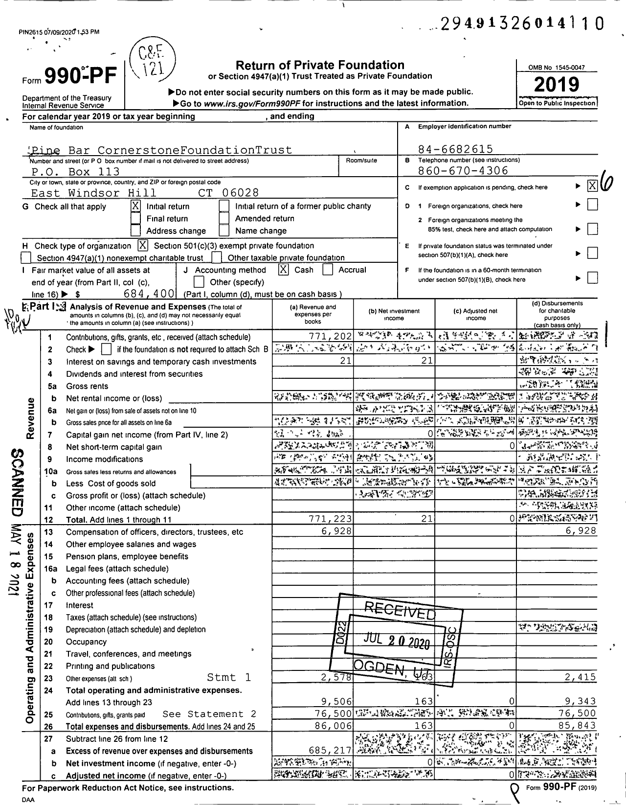 Image of first page of 2019 Form 990PF for Pine Bar Cornerstonefoundationtrust