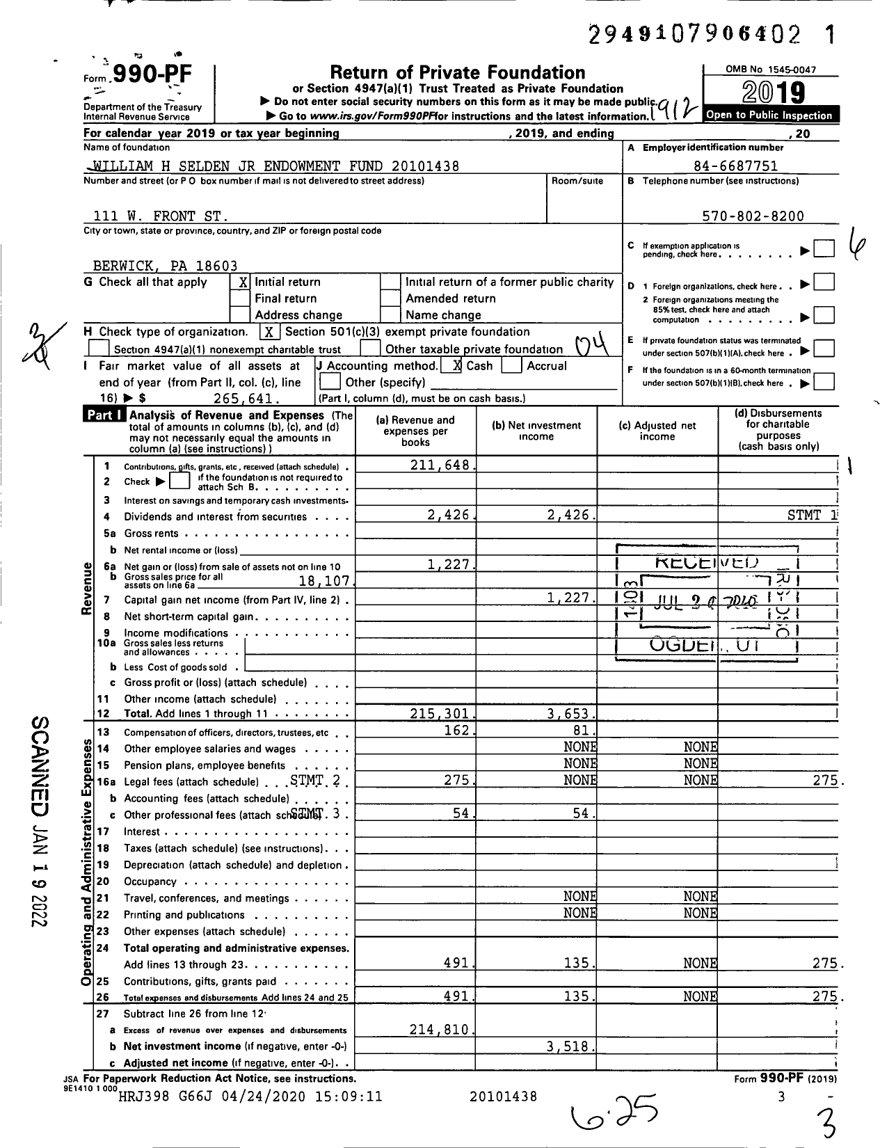 Image of first page of 2019 Form 990PF for William H Selden JR Endowment Fund 20101438