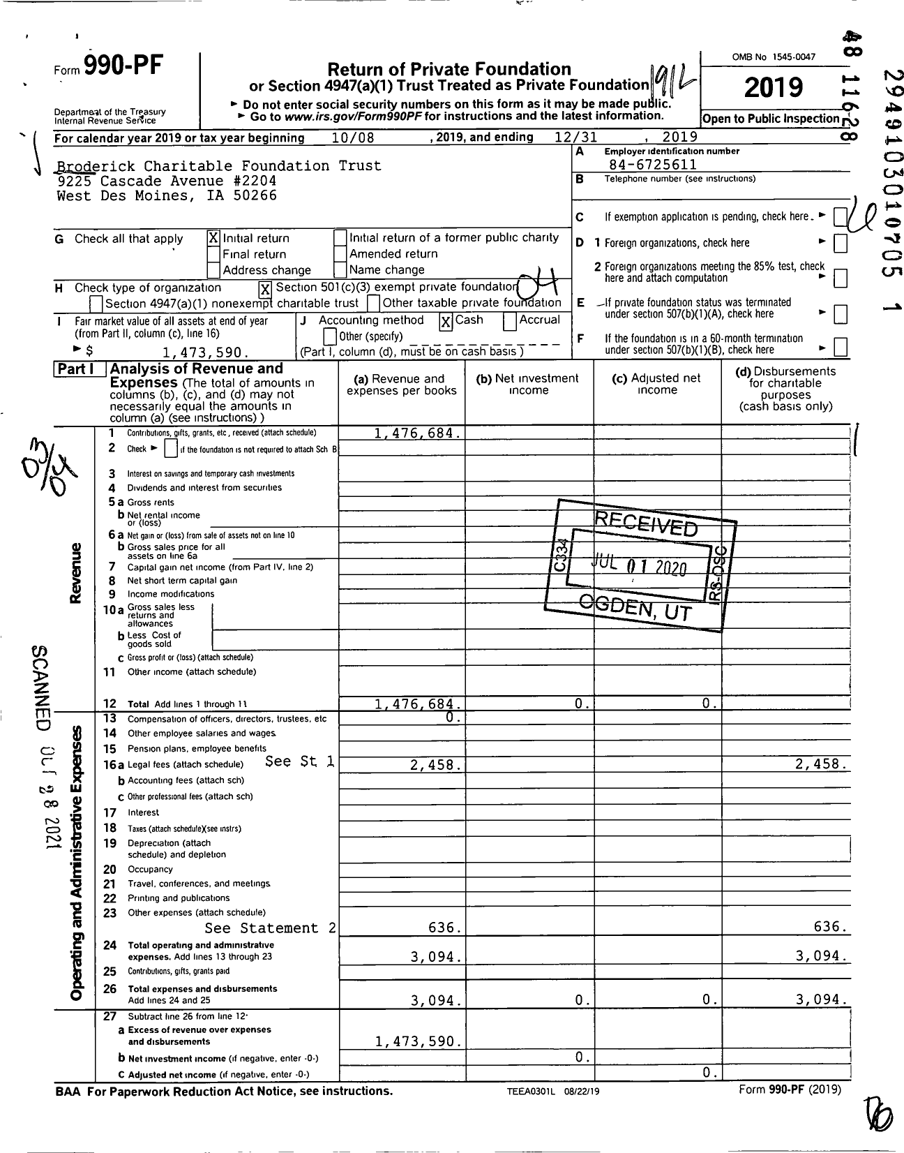 Image of first page of 2019 Form 990PF for Broderick Charitable Foundation Trust