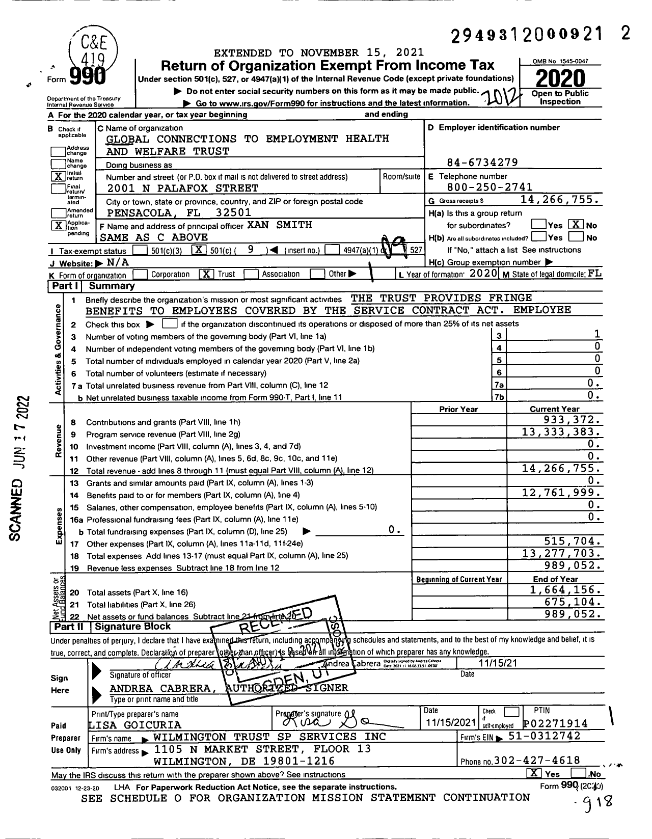 Image of first page of 2020 Form 990O for Global Connections of Employment Inc Health & Welfare Trust