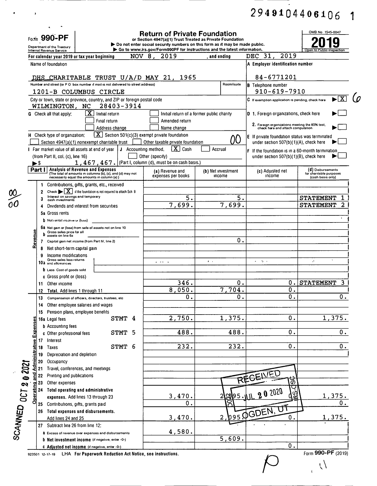 Image of first page of 2019 Form 990PF for DHS Charitable Trust Uad May 21 1965