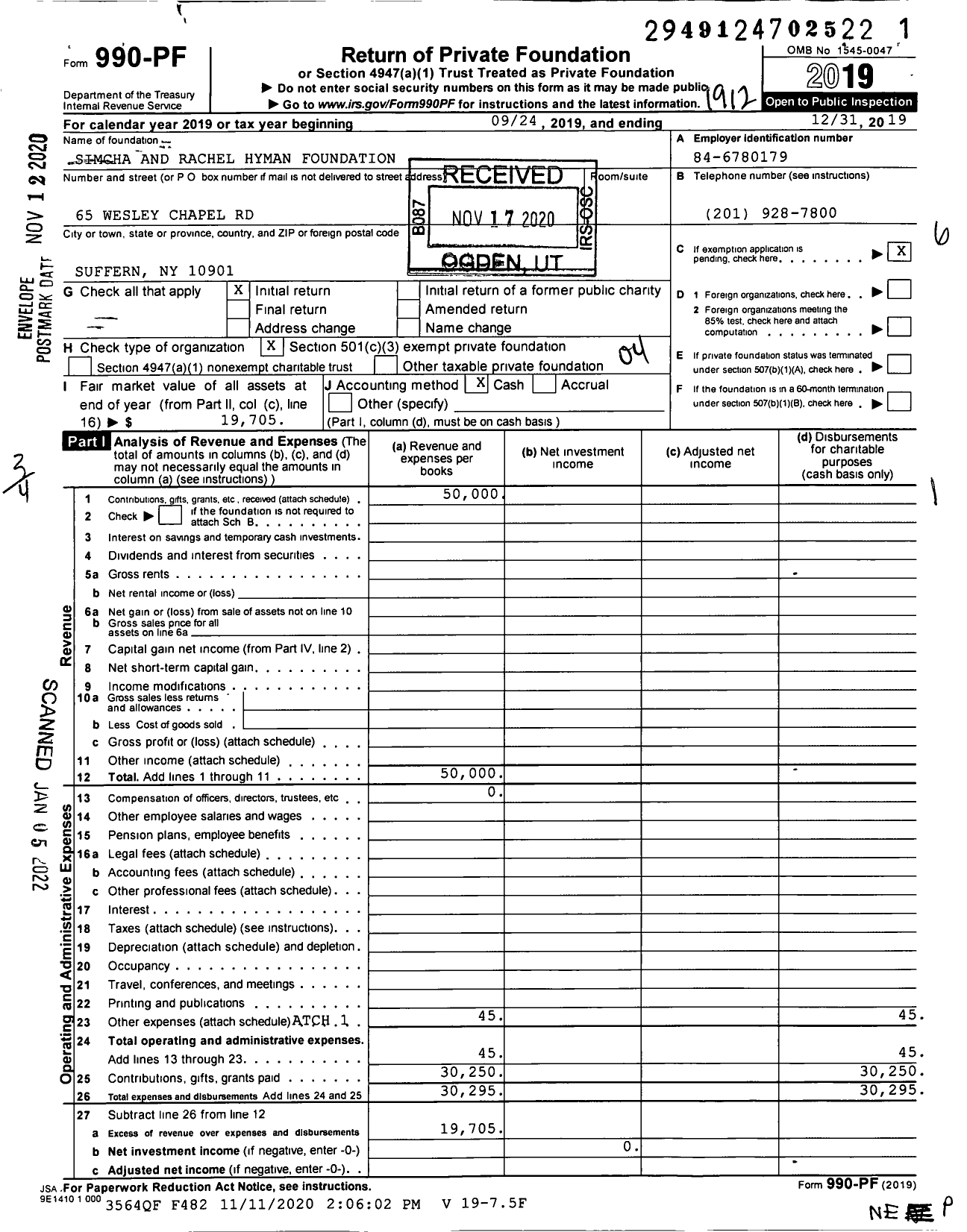 Image of first page of 2019 Form 990PF for Simcha and Rachel Hyman Foundation