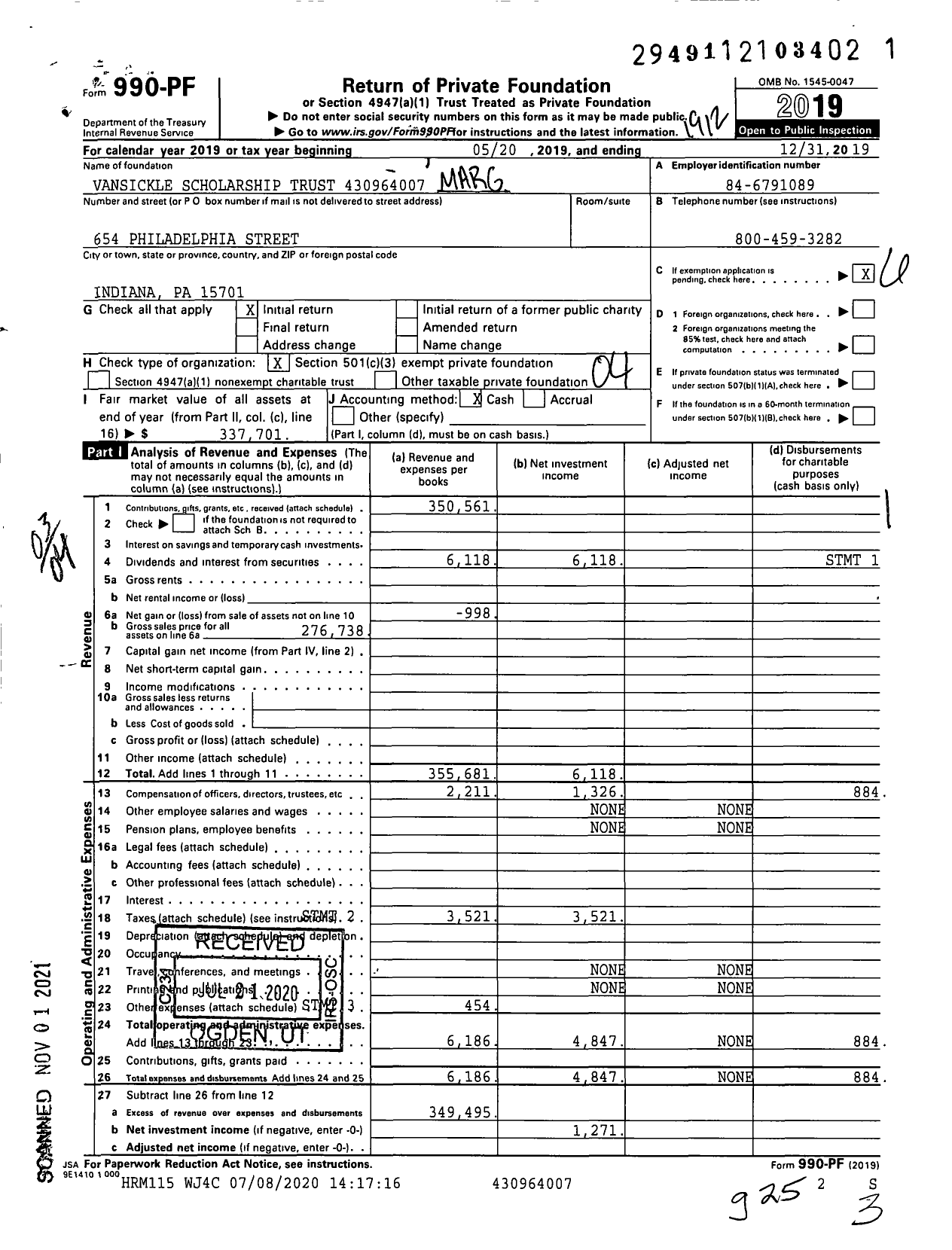 Image of first page of 2019 Form 990PF for Vansickle Scholarship Trust XXX-XX-XXXX