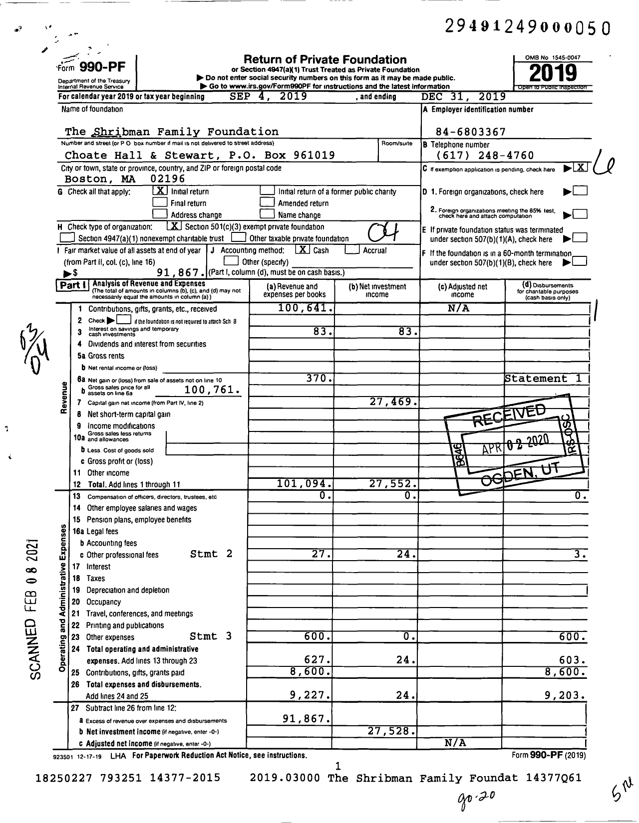 Image of first page of 2019 Form 990PF for The Shribman Family Foundation