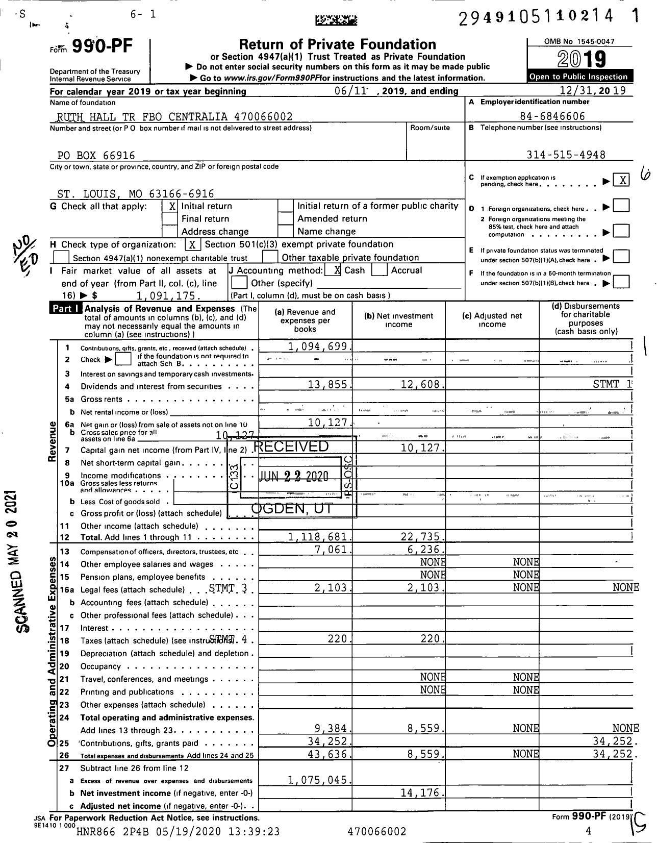 Image of first page of 2019 Form 990PF for Ruth Hall TR Fbo Centralia XXX-XX-XXXX