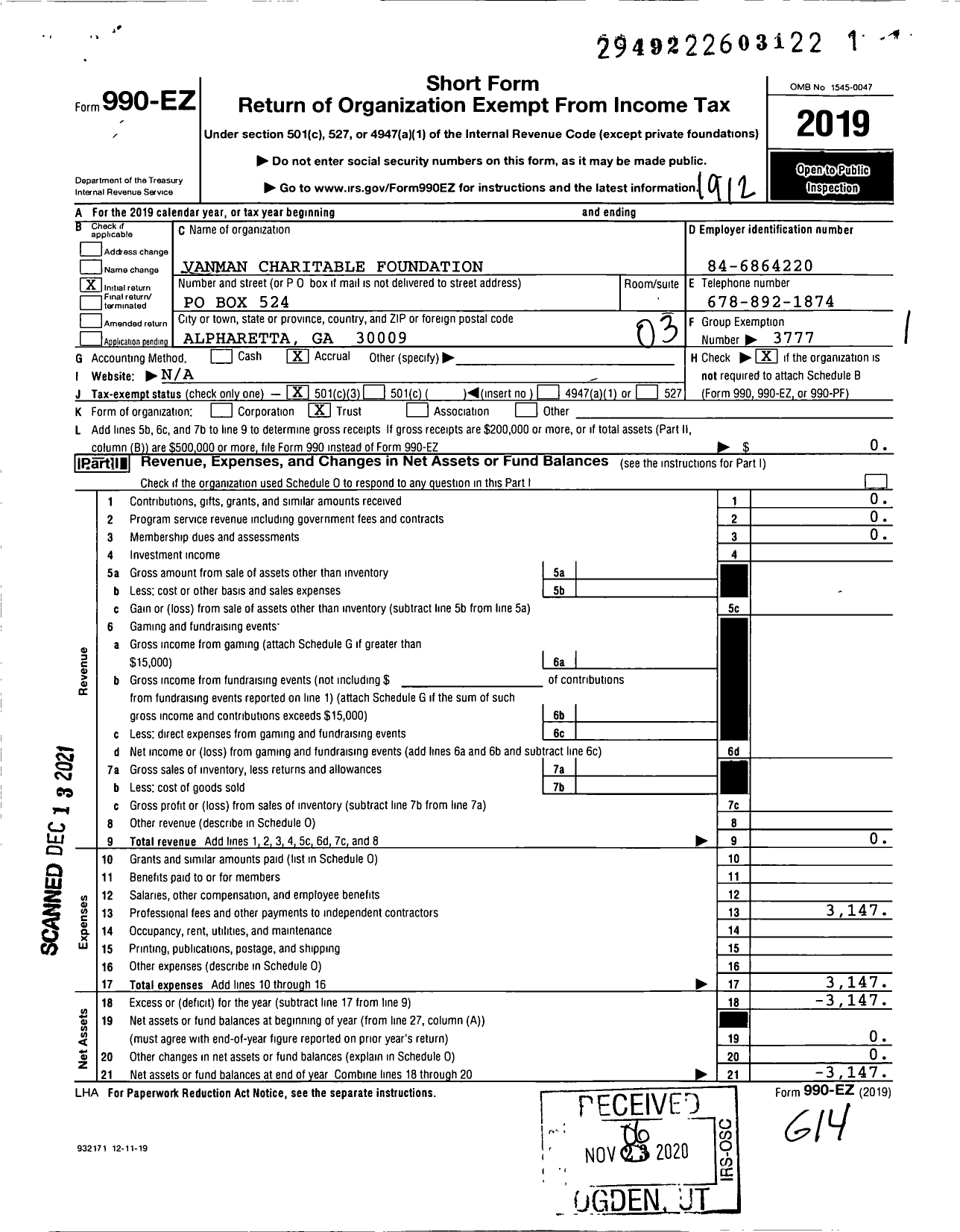 Image of first page of 2019 Form 990EZ for Vanman Charitable Foundation