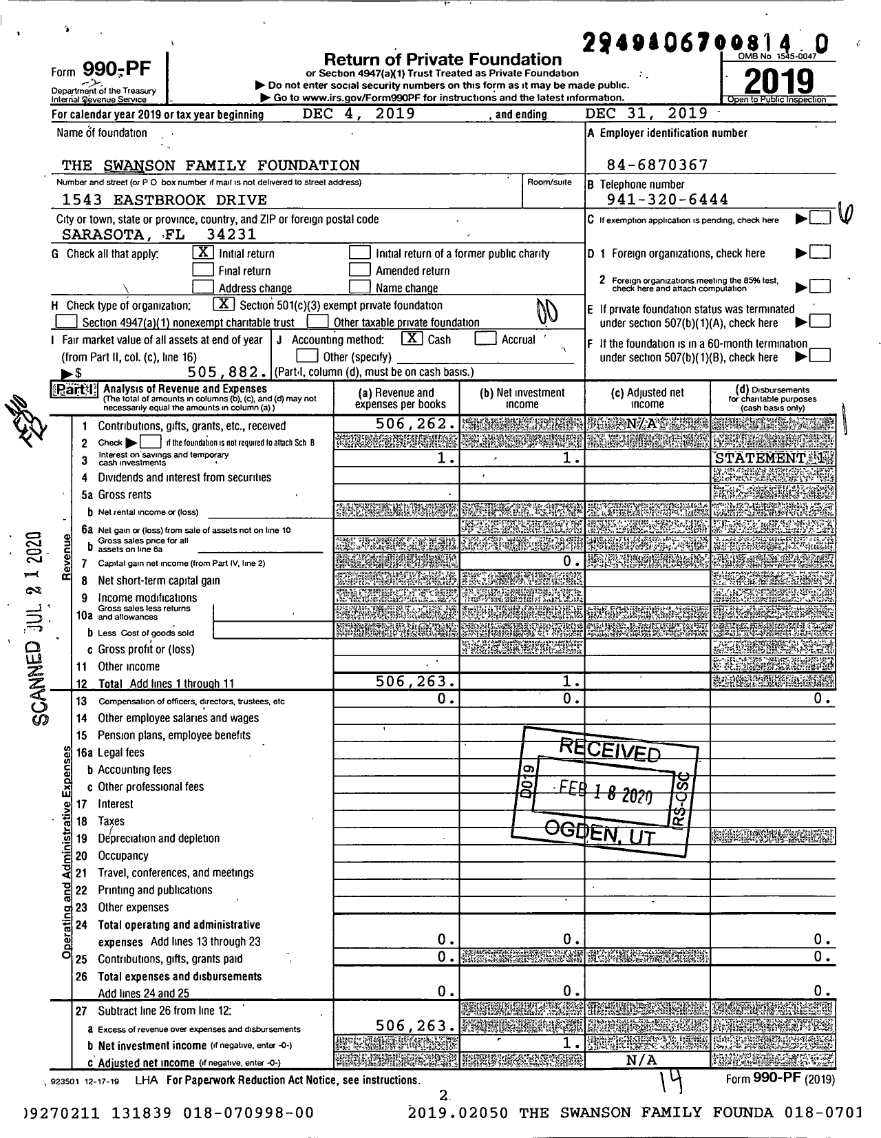 Image of first page of 2019 Form 990PR for The Swanson Family Foundation / Charles L Swanson JR Ttee