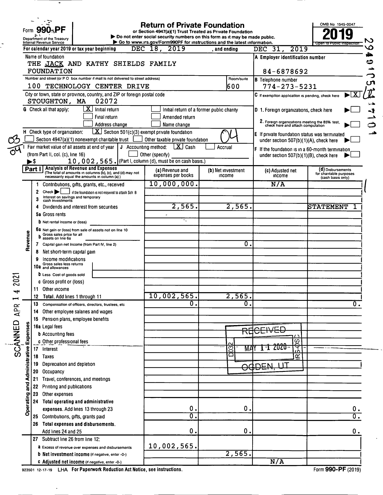 Image of first page of 2019 Form 990PF for The Jack and Kathy Shields Family Foundation