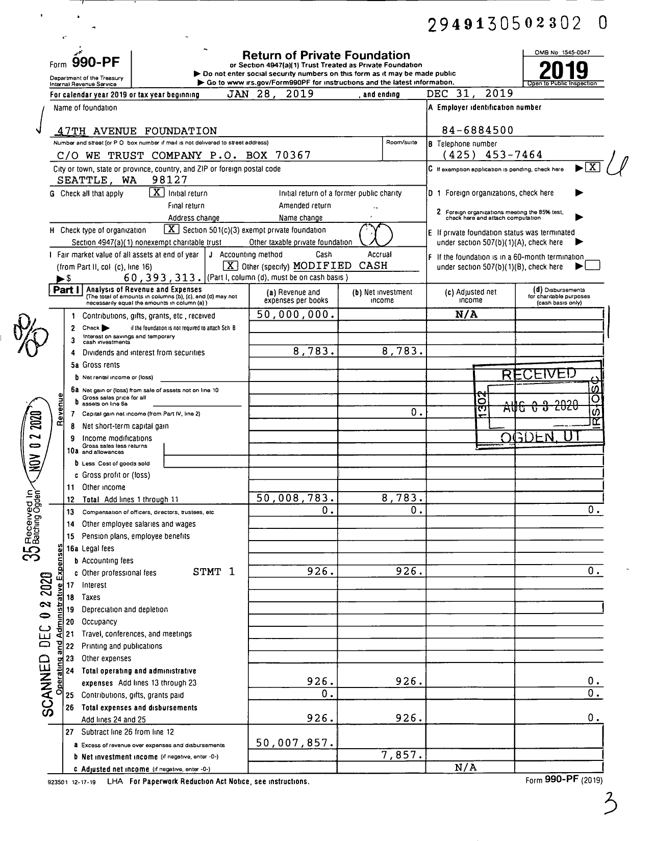 Image of first page of 2019 Form 990PF for 47th Avenue Foundation