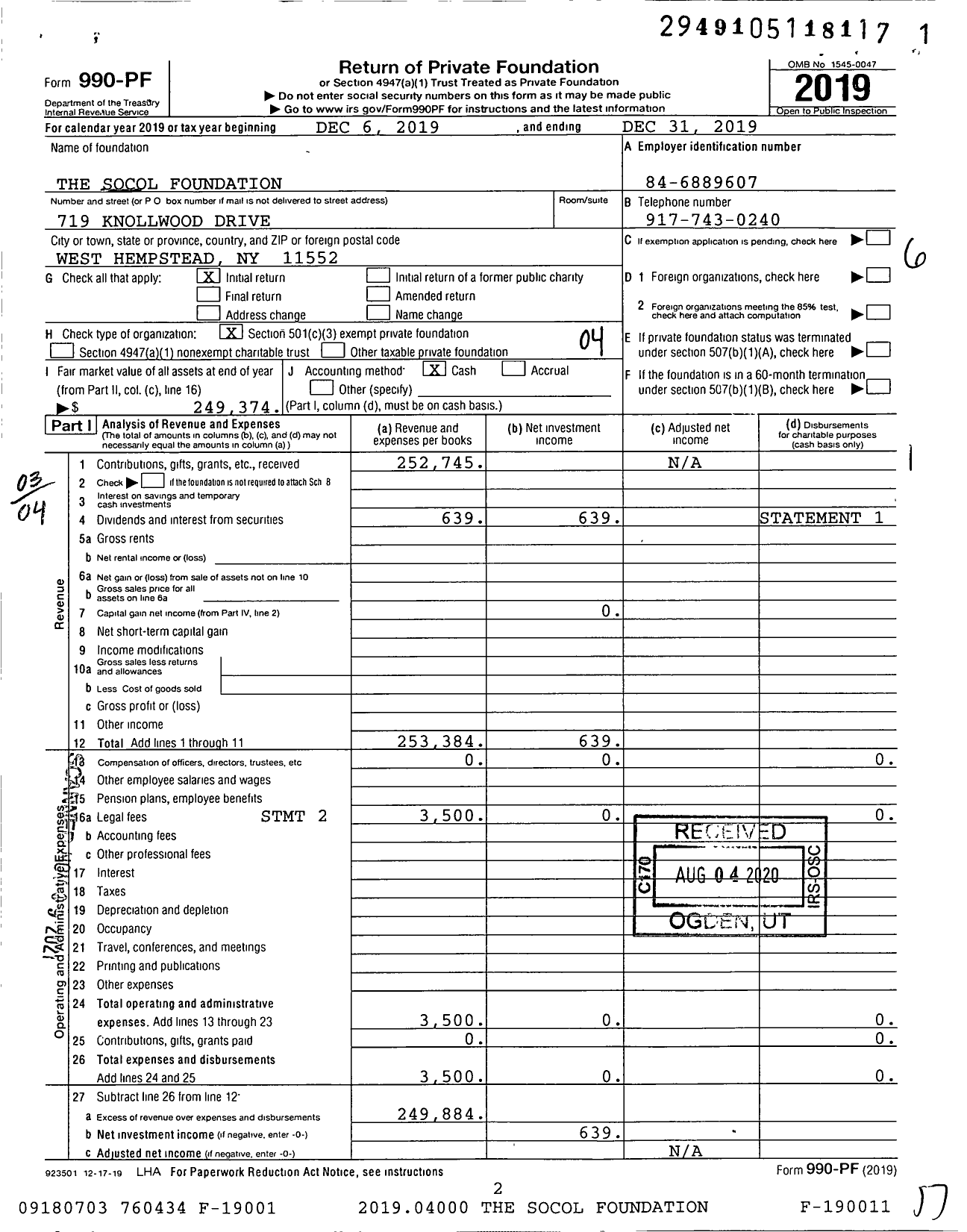 Image of first page of 2019 Form 990PF for The Socol Foundation