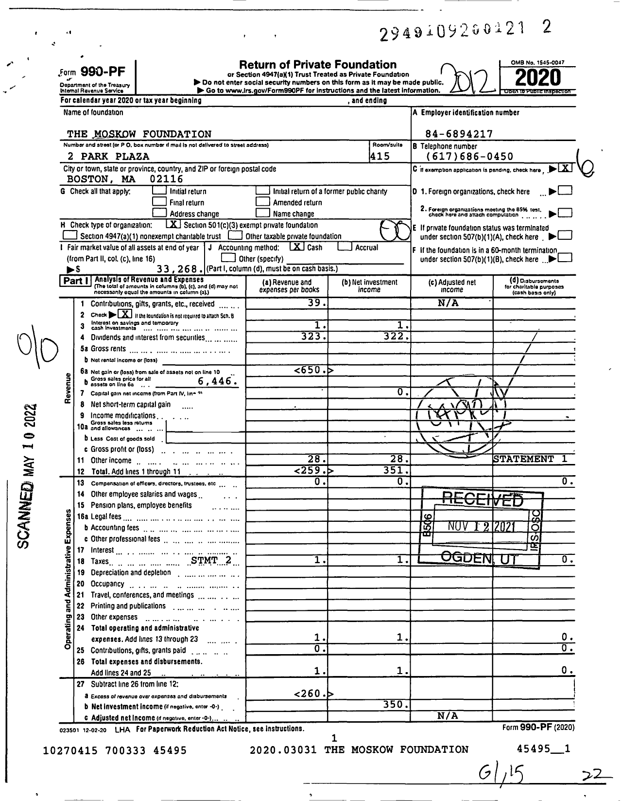 Image of first page of 2020 Form 990PF for The Moskow Foundation