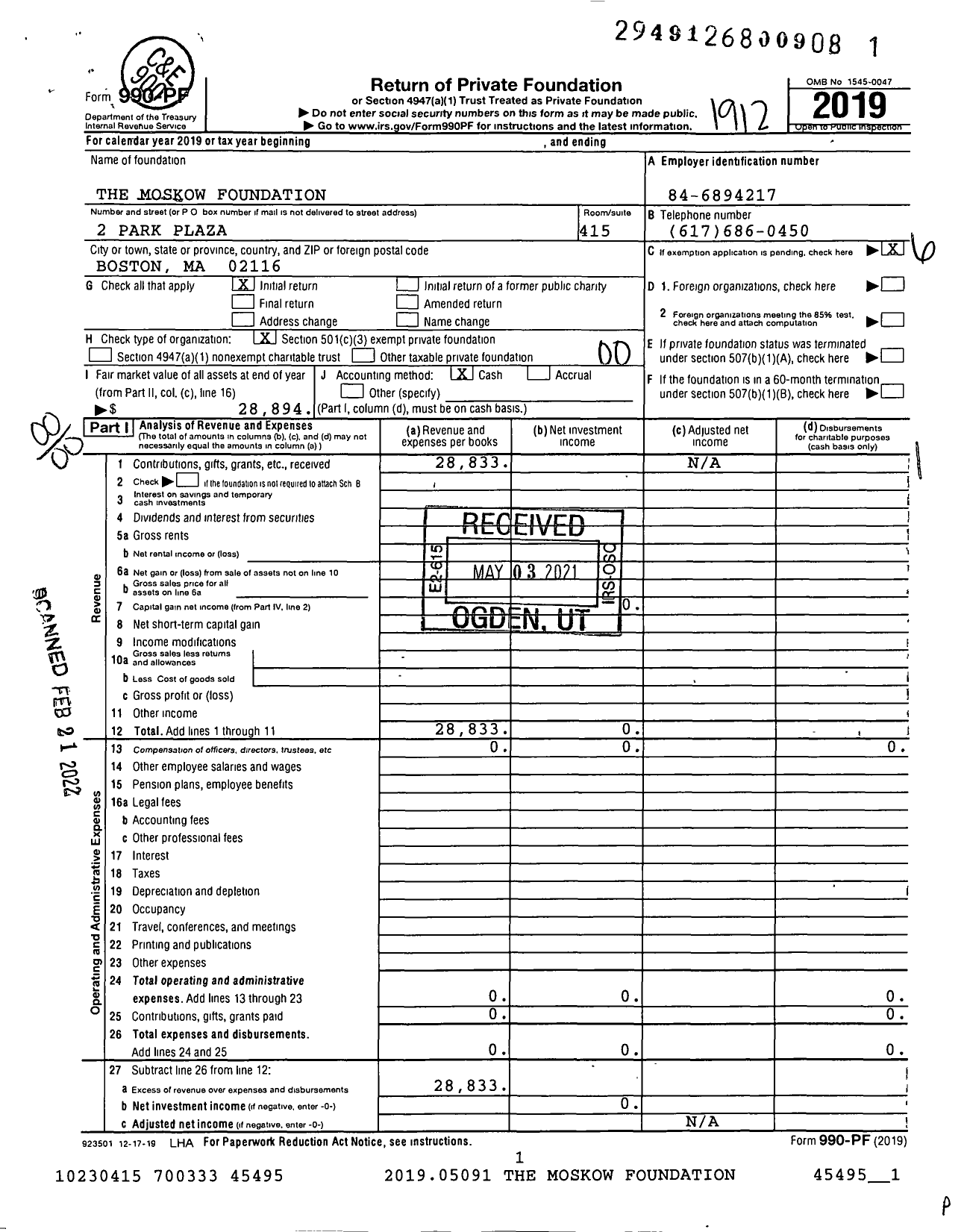 Image of first page of 2019 Form 990PF for The Moskow Foundation