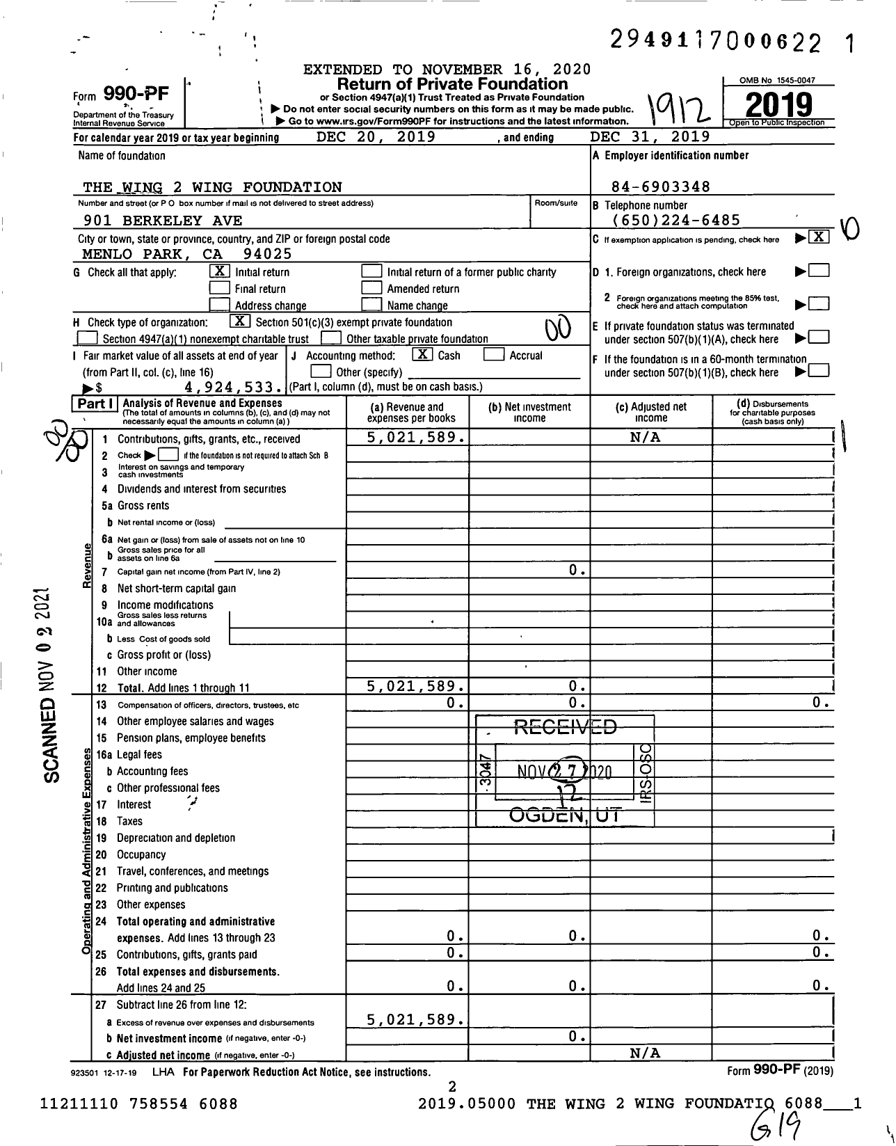 Image of first page of 2019 Form 990PF for The Wing 2 Wing Foundation