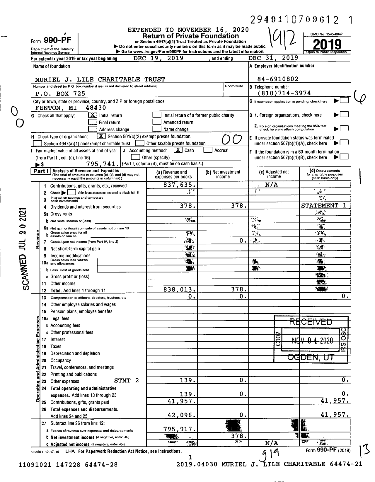 Image of first page of 2019 Form 990PF for Muriel J Lile Charitable Trust