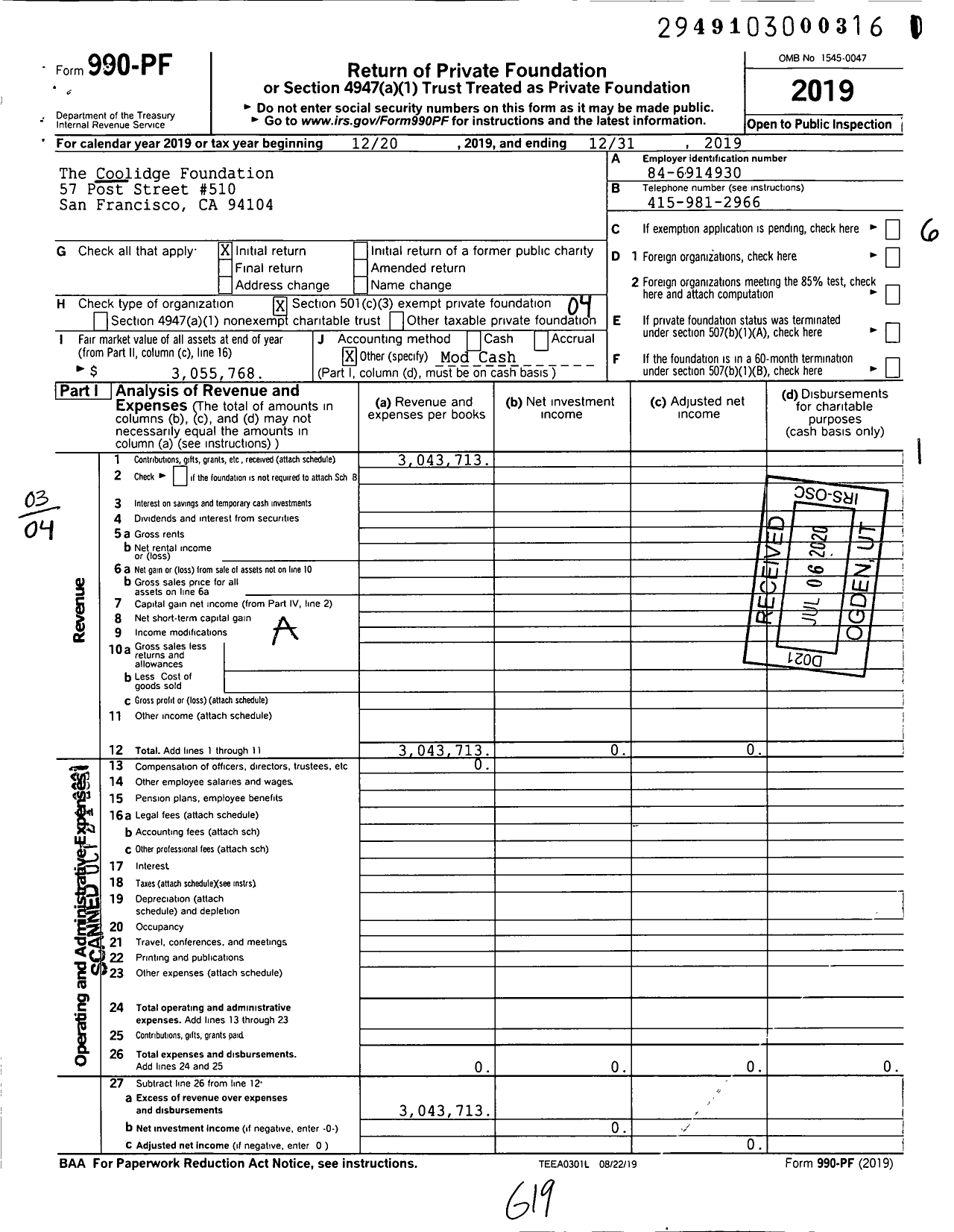 Image of first page of 2019 Form 990PF for The Coolidge Foundation