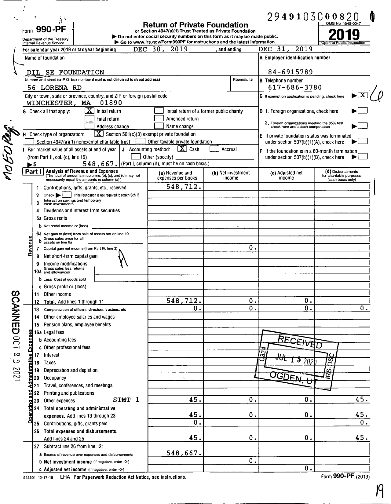 Image of first page of 2019 Form 990PF for Dil Se Foundation