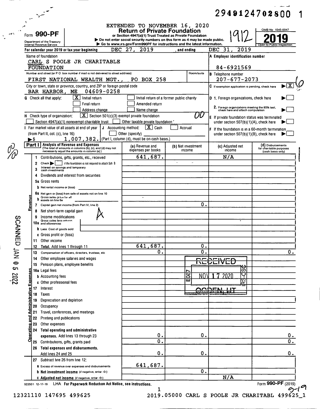 Image of first page of 2019 Form 990PF for Carl S Poole JR Charitable Foundation