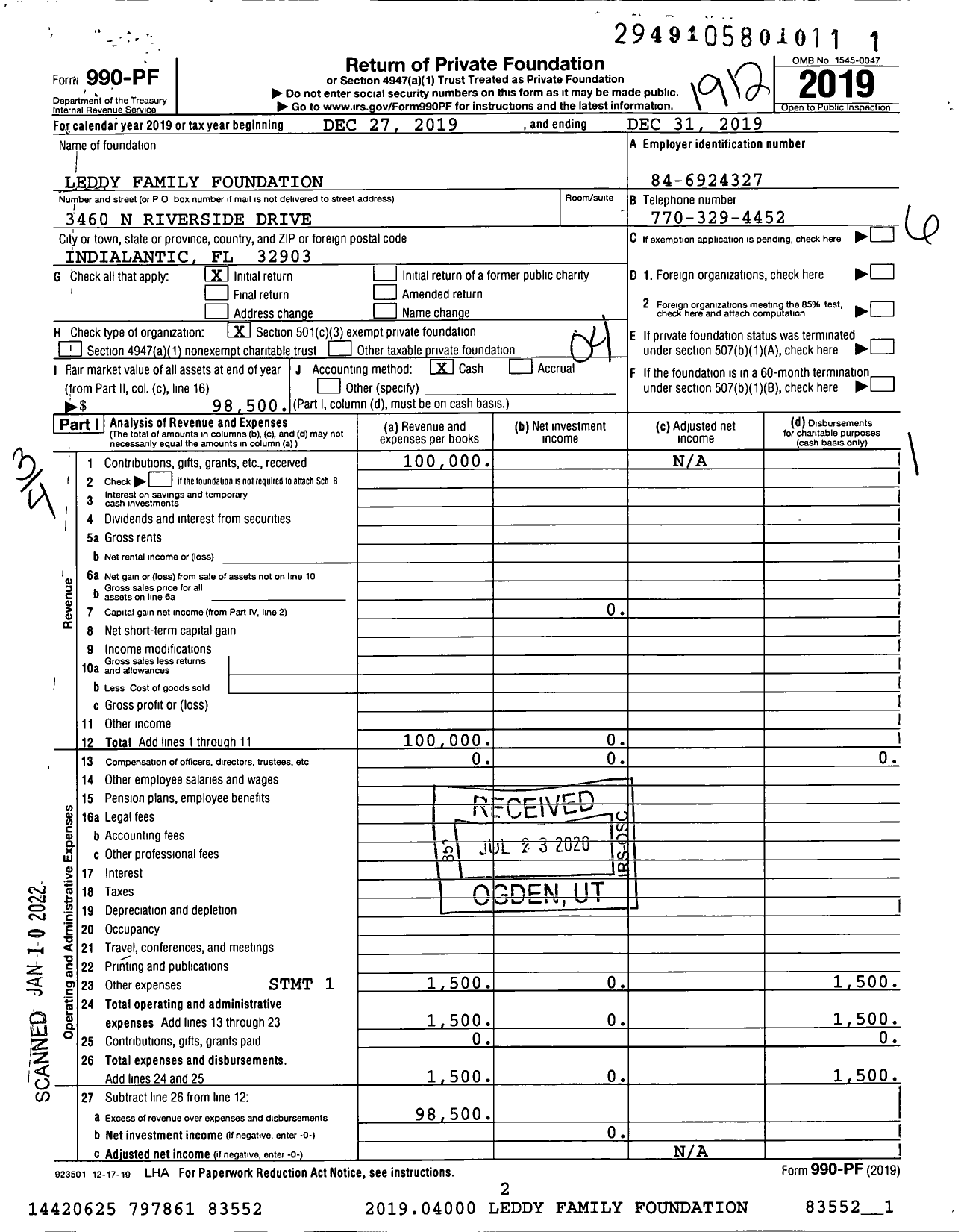 Image of first page of 2019 Form 990PF for Leddy Family Foundation