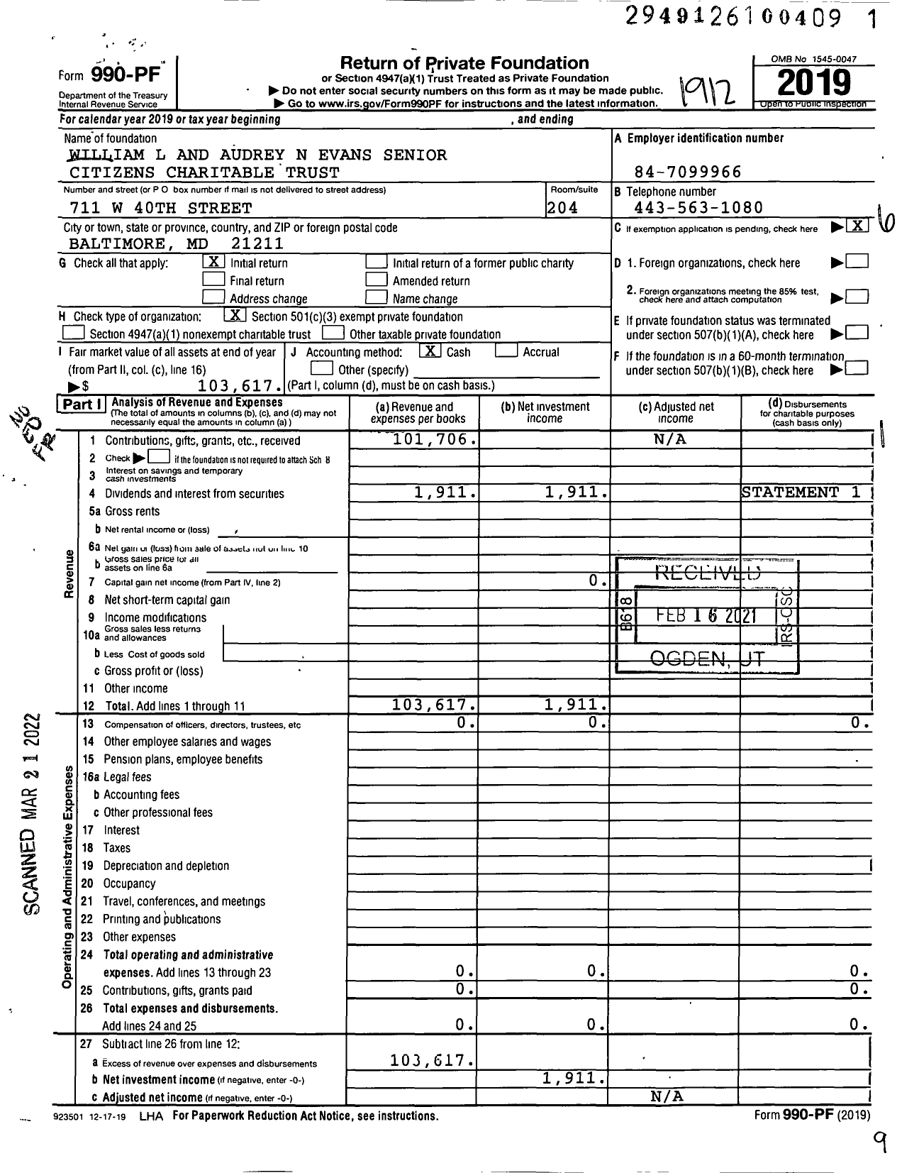 Image of first page of 2019 Form 990PF for William L and Audrey N Evans Senior Citizens Charitable Trust