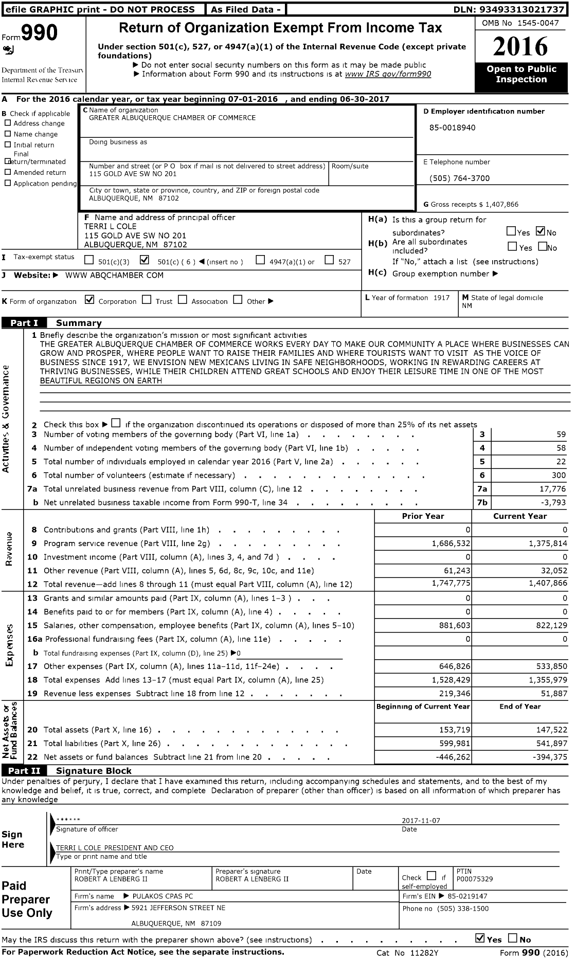 Image of first page of 2016 Form 990O for Albuquerque Chamber of Commerce