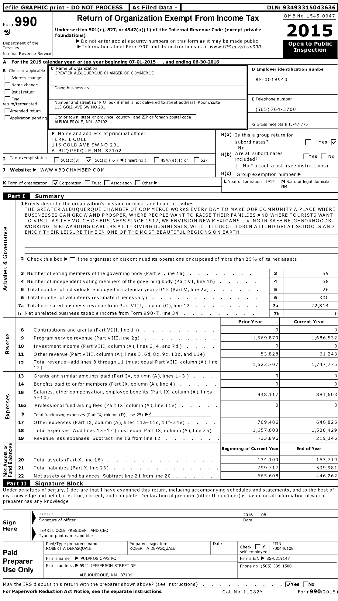 Image of first page of 2015 Form 990O for Albuquerque Chamber of Commerce