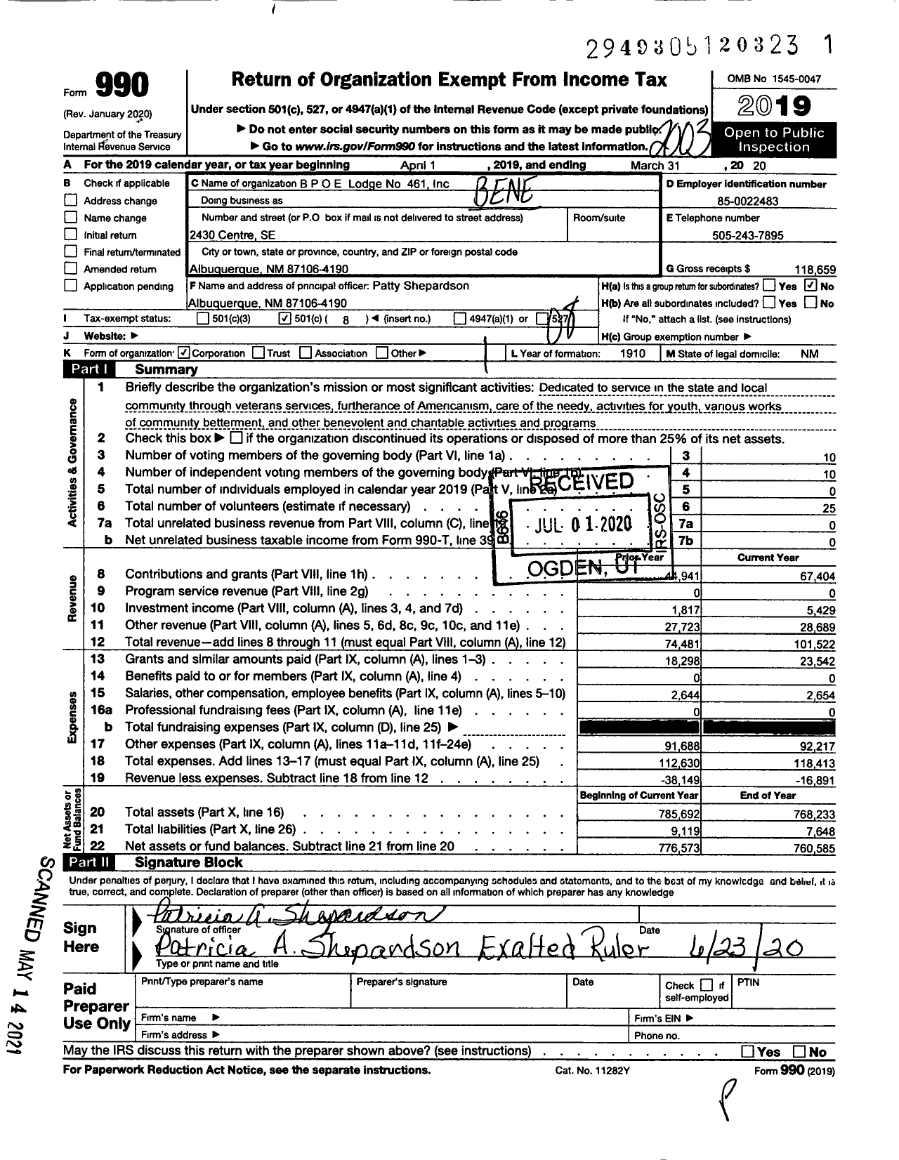 Image of first page of 2019 Form 990O for Albuquerque Lodge No461 of the BPOE