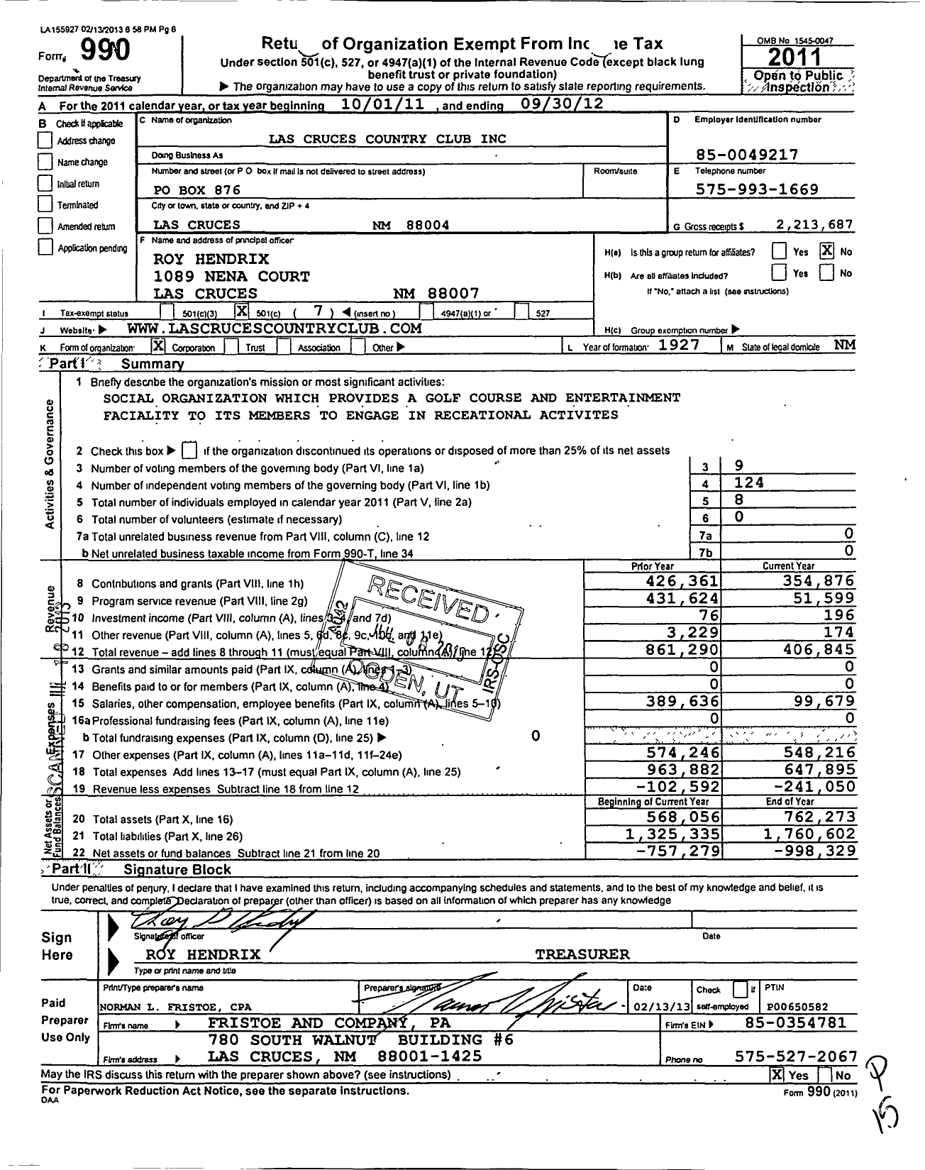 Image of first page of 2011 Form 990O for Las Cruces Country Club