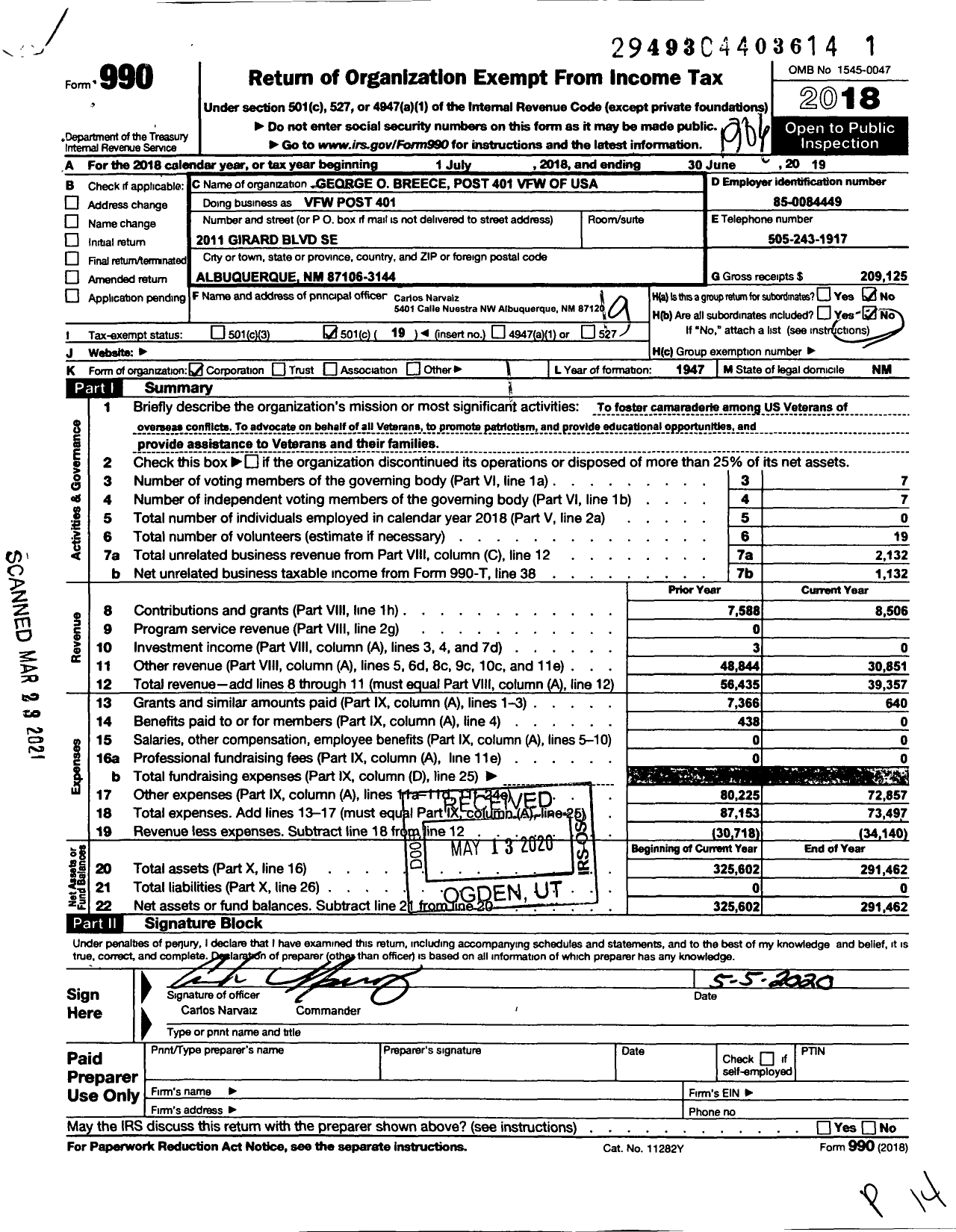 Image of first page of 2018 Form 990O for Veterans of Foreign Wars Department of New Mexico of the U S - VFW Post 401