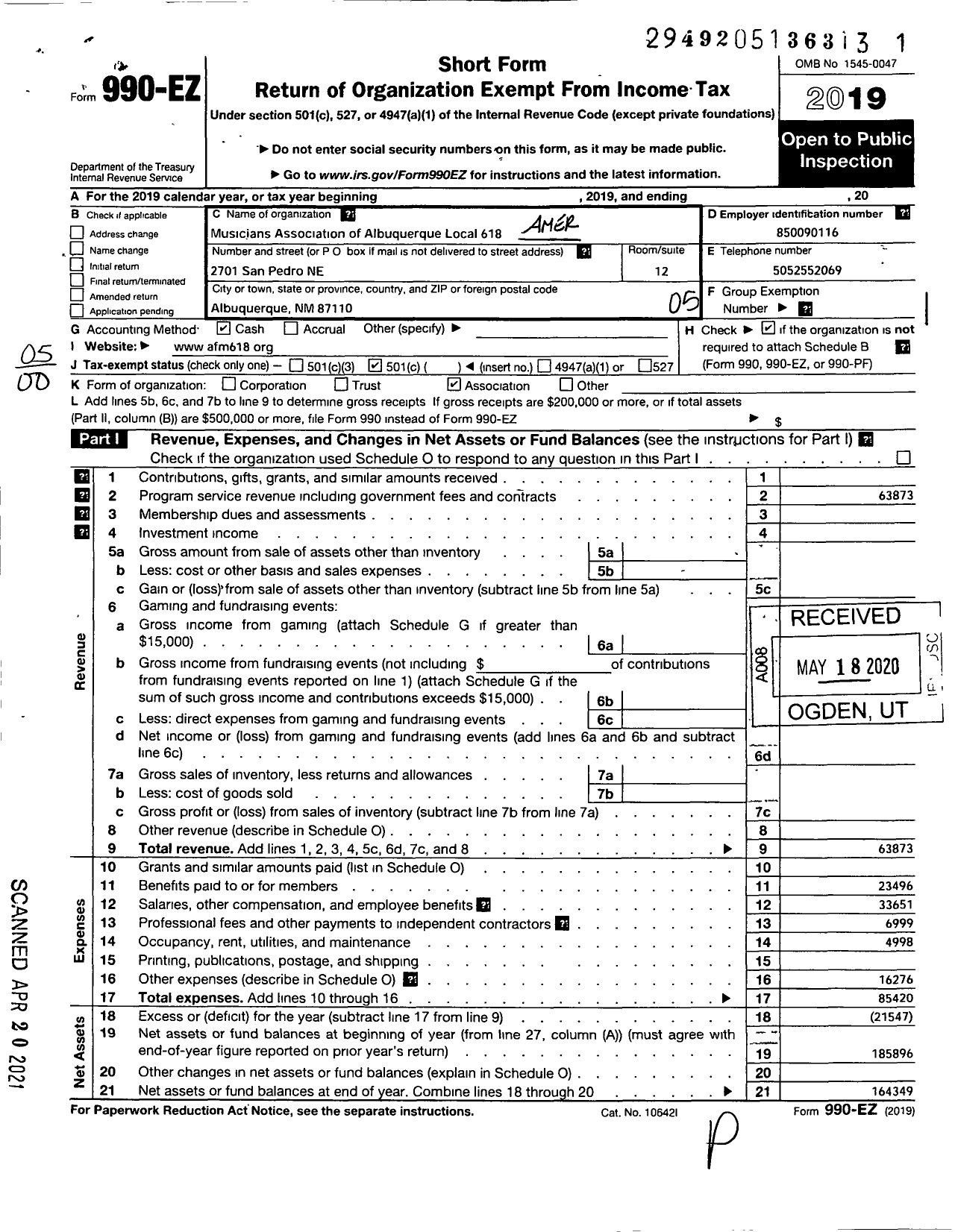 Image of first page of 2019 Form 990EO for American Federation of Musicians - 618 Local Albuquerque