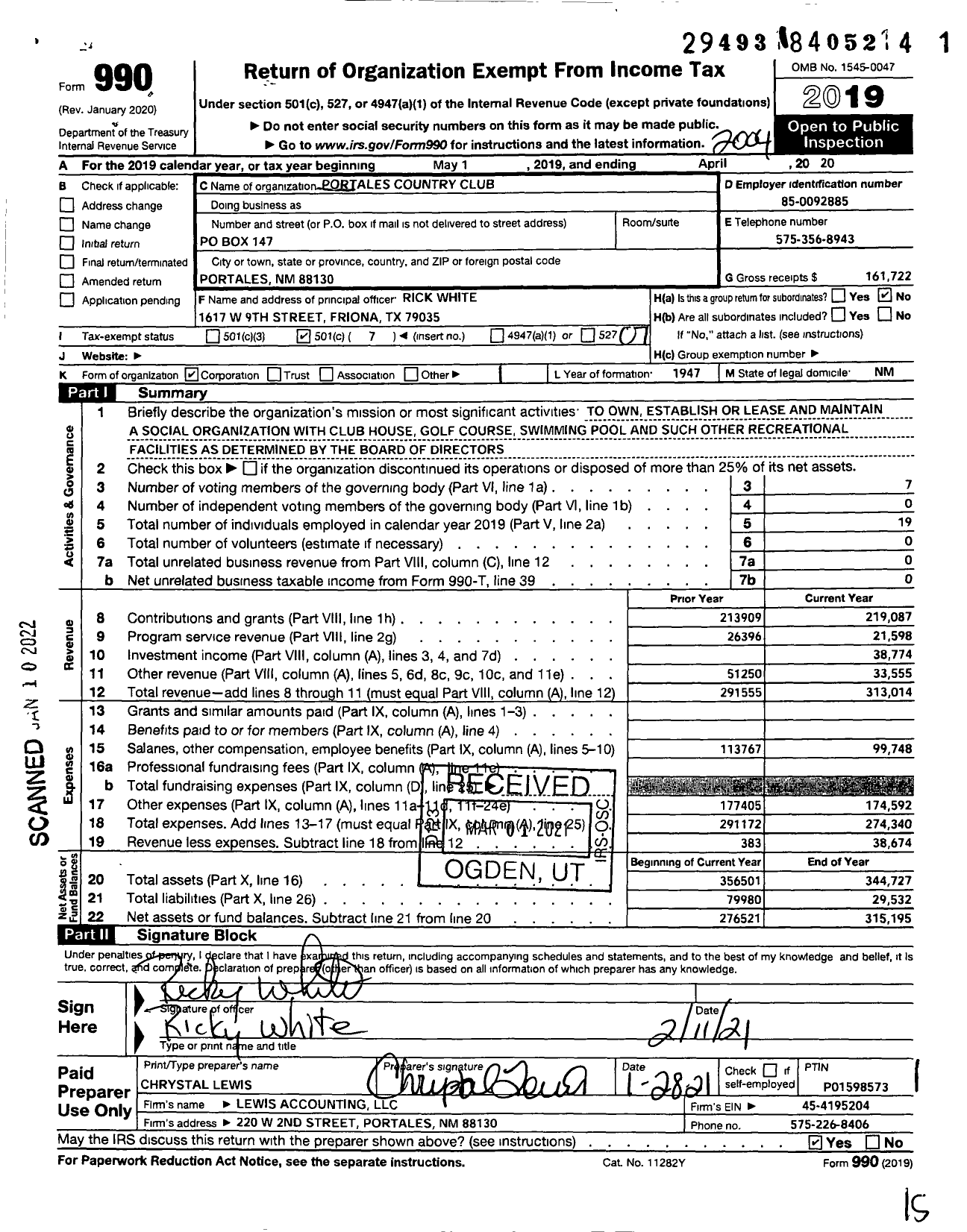 Image of first page of 2019 Form 990O for Portales Country Club