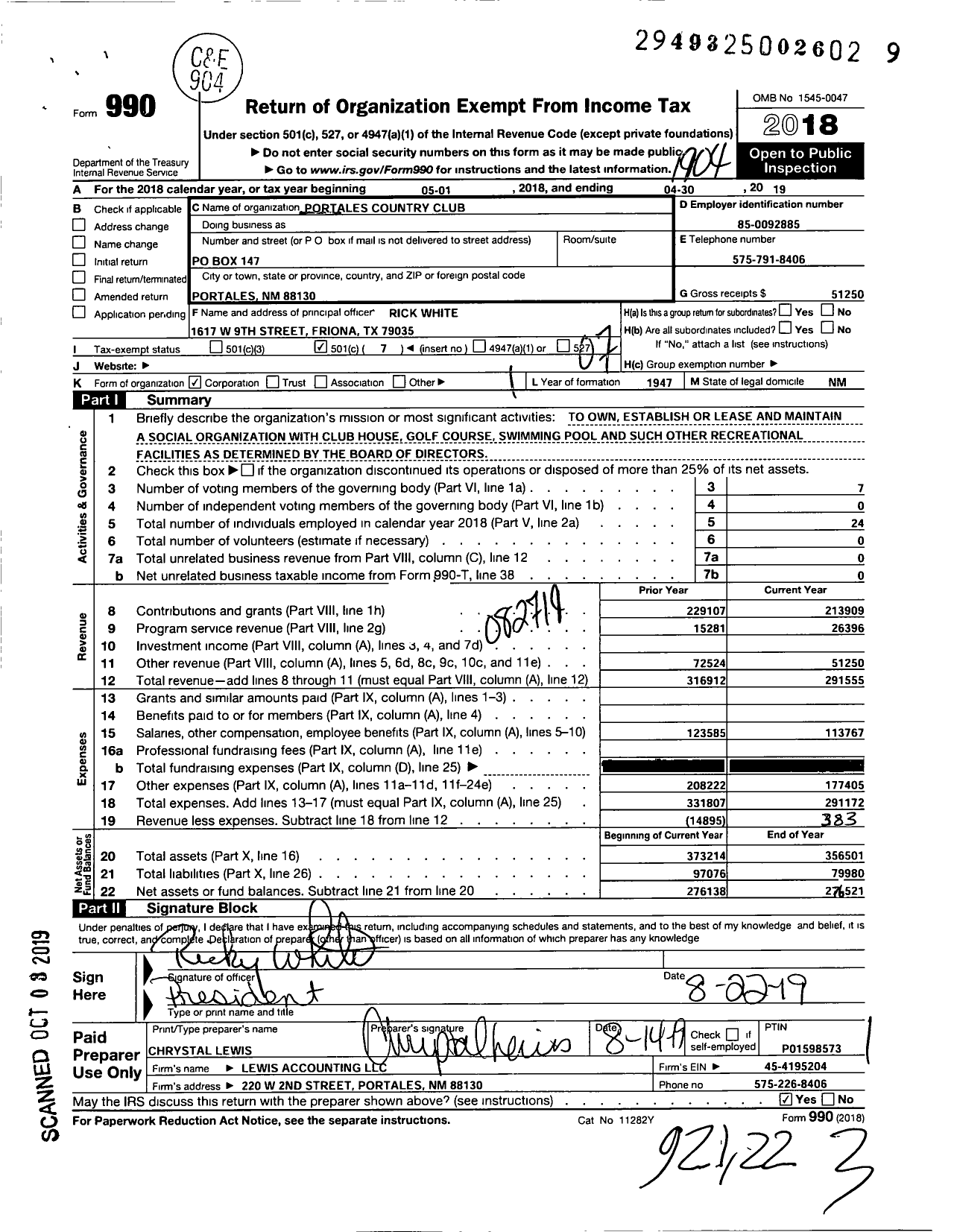 Image of first page of 2018 Form 990O for Portales Country Club