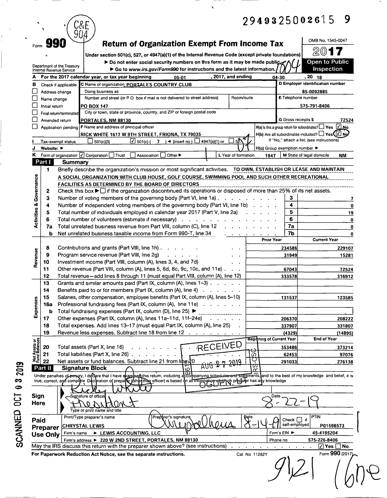 Image of first page of 2017 Form 990O for Portales Country Club