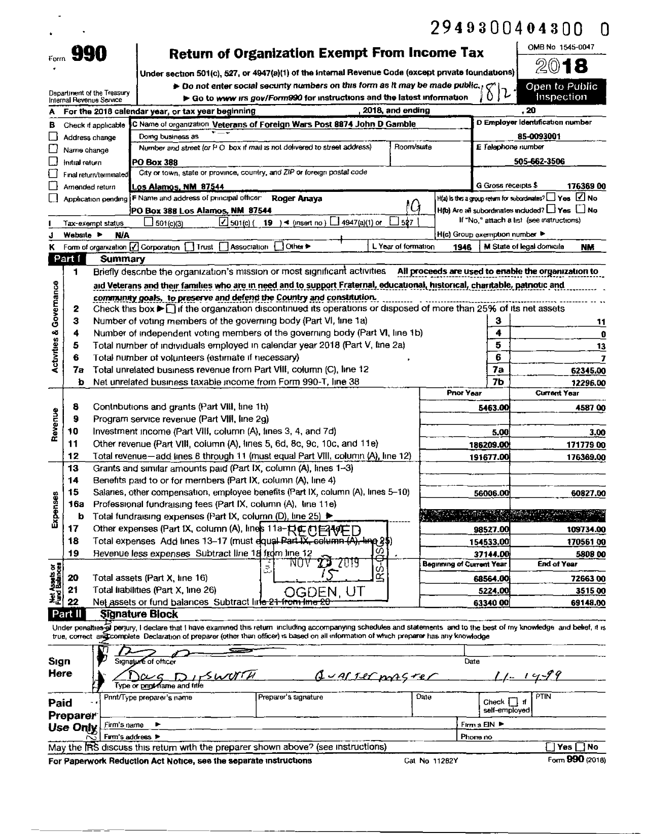 Image of first page of 2018 Form 990O for Veterans of Foreign Wars Post 8874 - VFW Post 8874