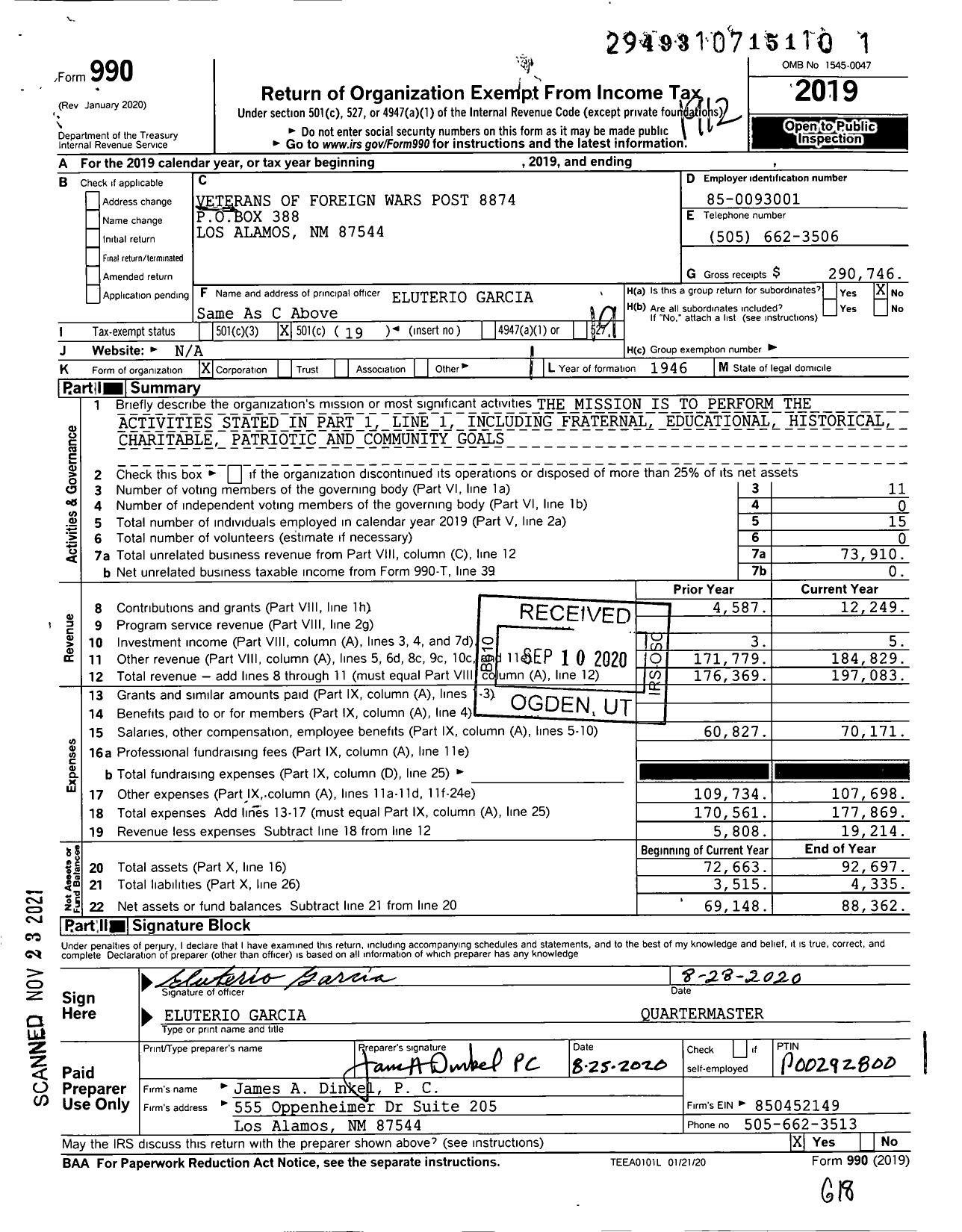 Image of first page of 2019 Form 990O for Veterans of Foreign Wars Post 8874 - VFW Post 8874