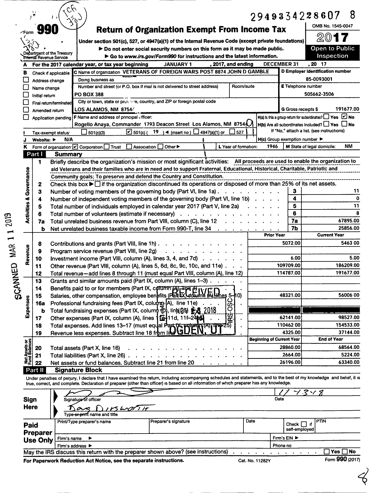 Image of first page of 2017 Form 990O for Veterans of Foreign Wars Post 8874 - VFW Post 8874