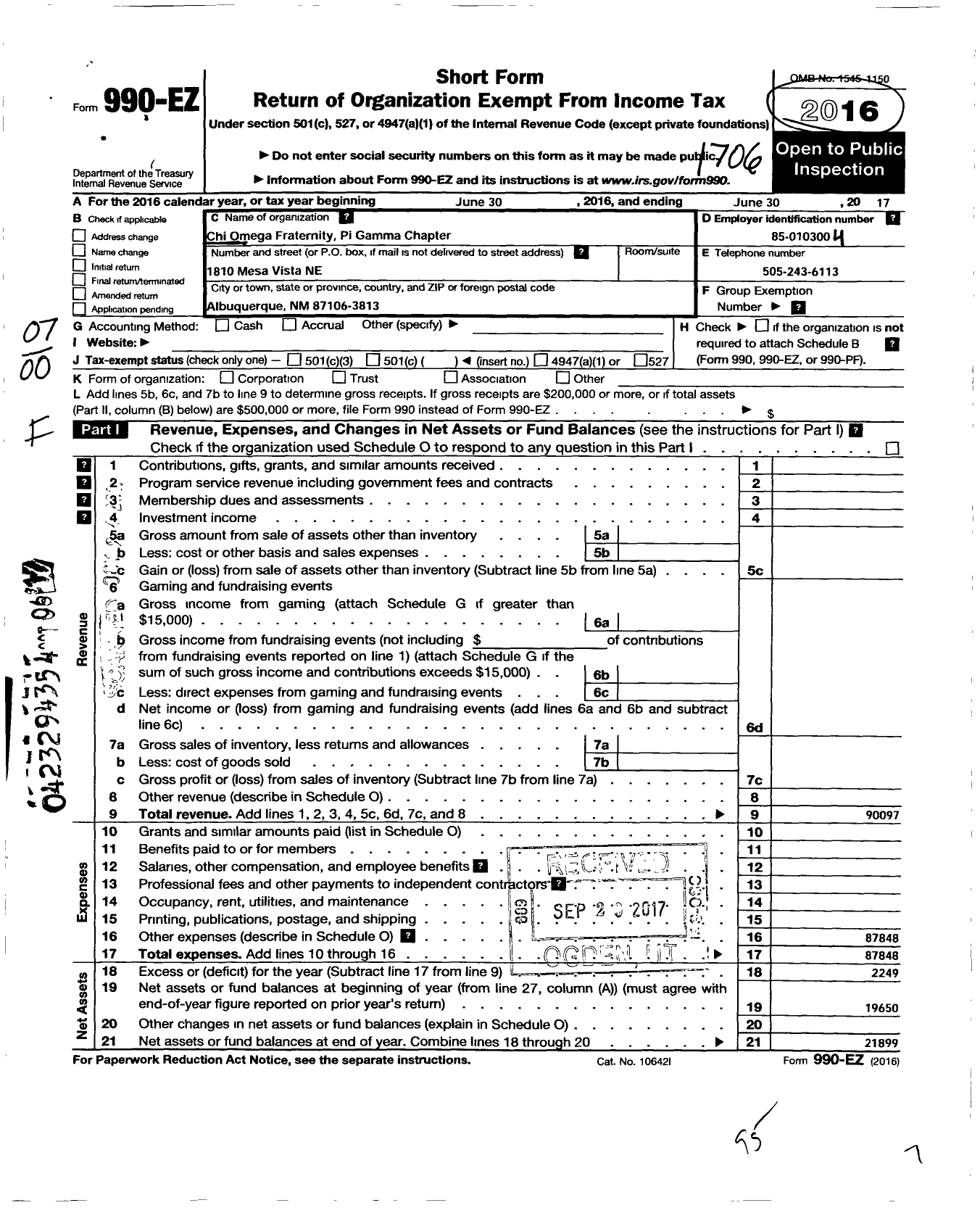 Image of first page of 2016 Form 990EO for Chi Omega Fraternity - Pi Gamma Chapter