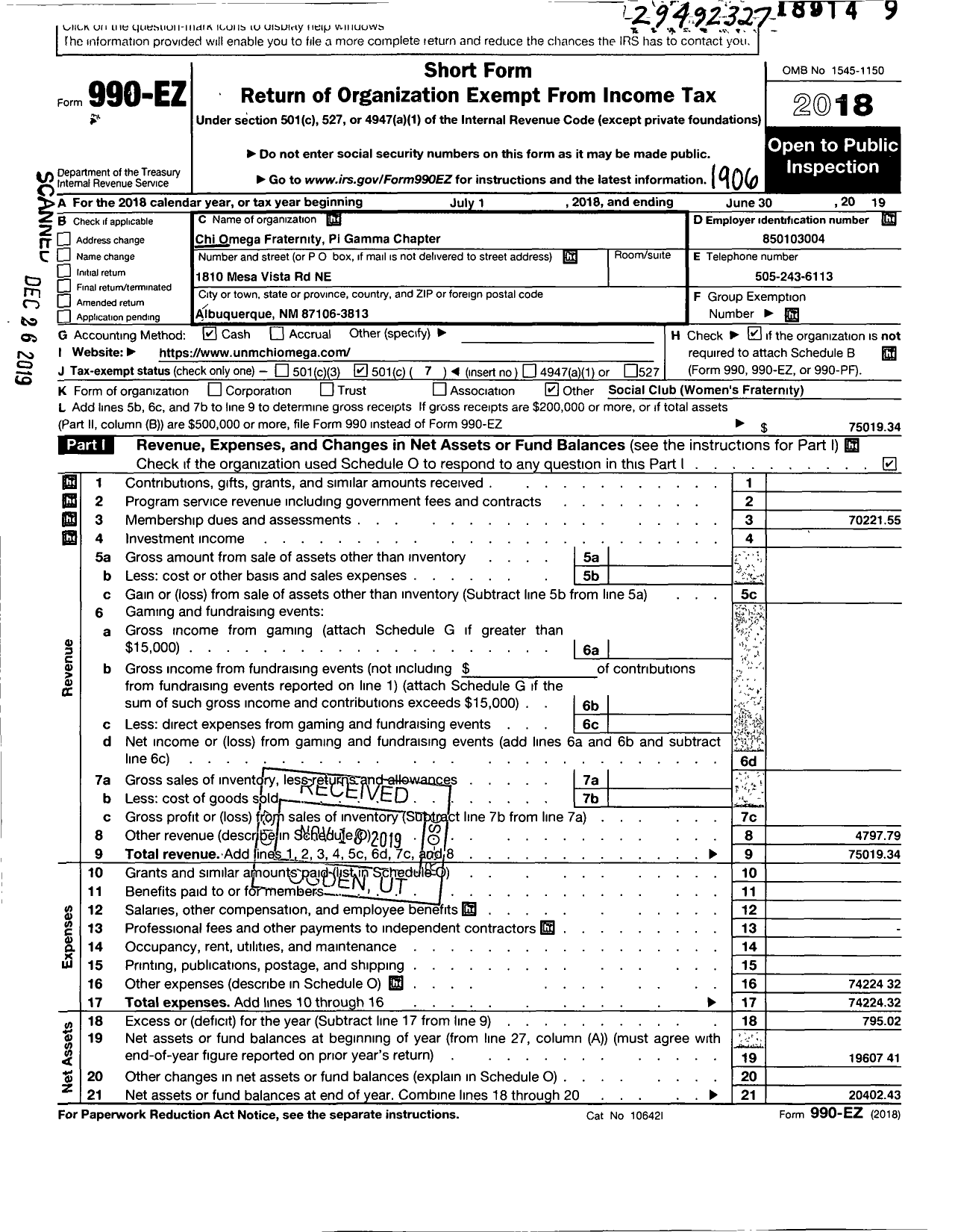 Image of first page of 2018 Form 990EO for Chi Omega Fraternity - Pi Gamma Chapter