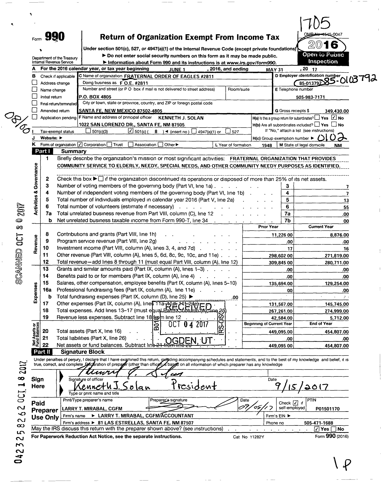 Image of first page of 2016 Form 990O for Fraternal Order of Eagles - Foe #2811