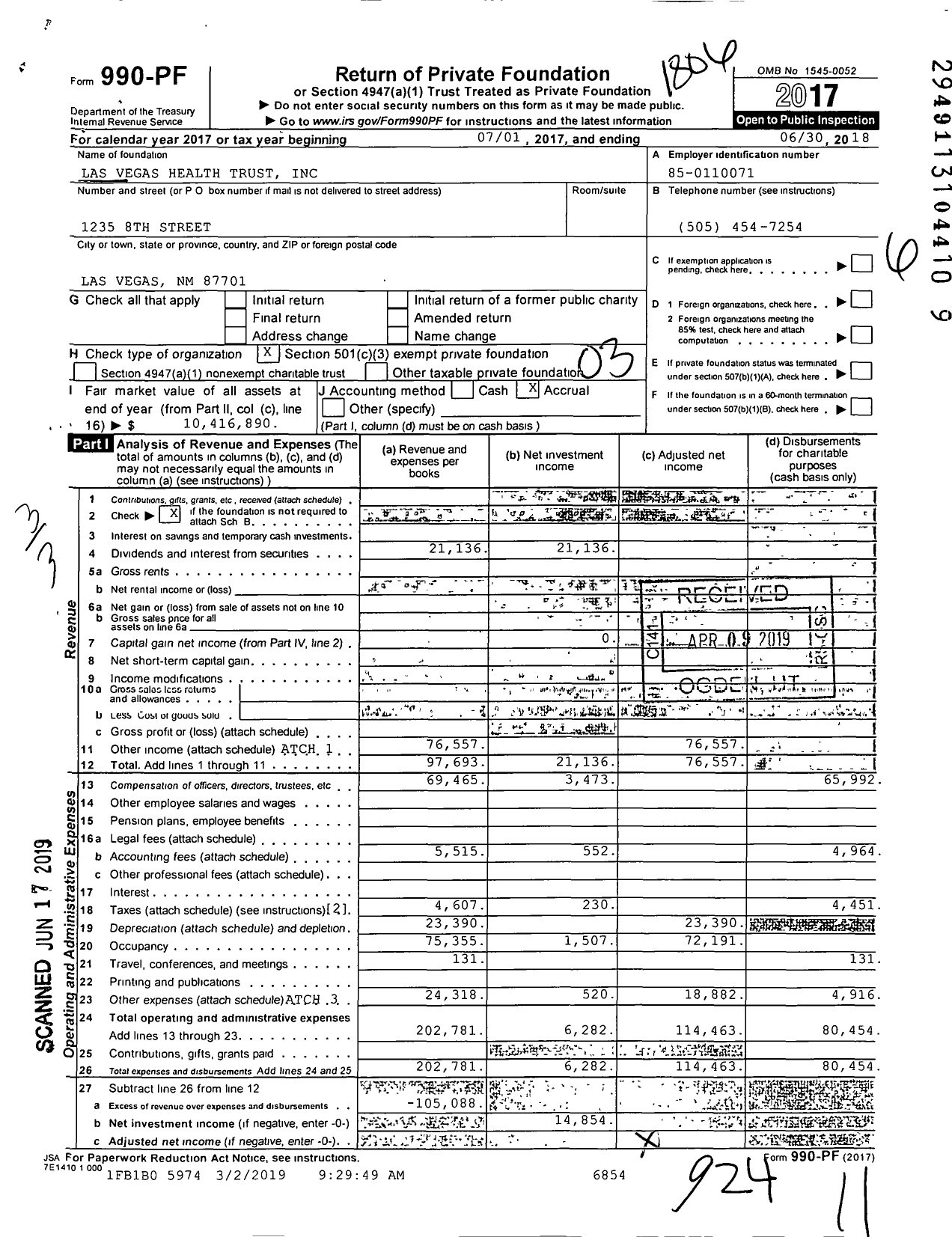 Image of first page of 2017 Form 990PF for Las Vegas Health Trust