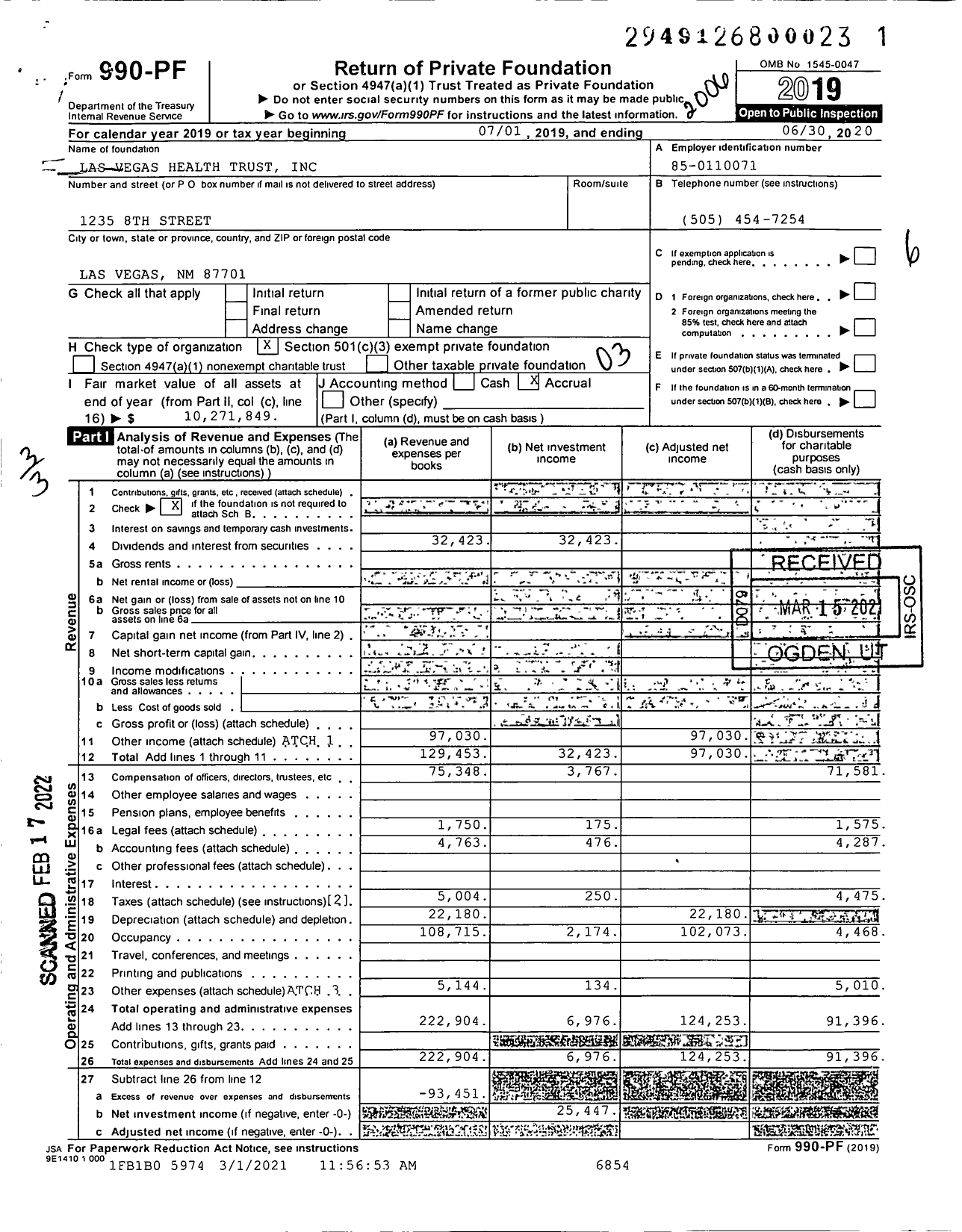 Image of first page of 2019 Form 990PF for Las Vegas Health Trust