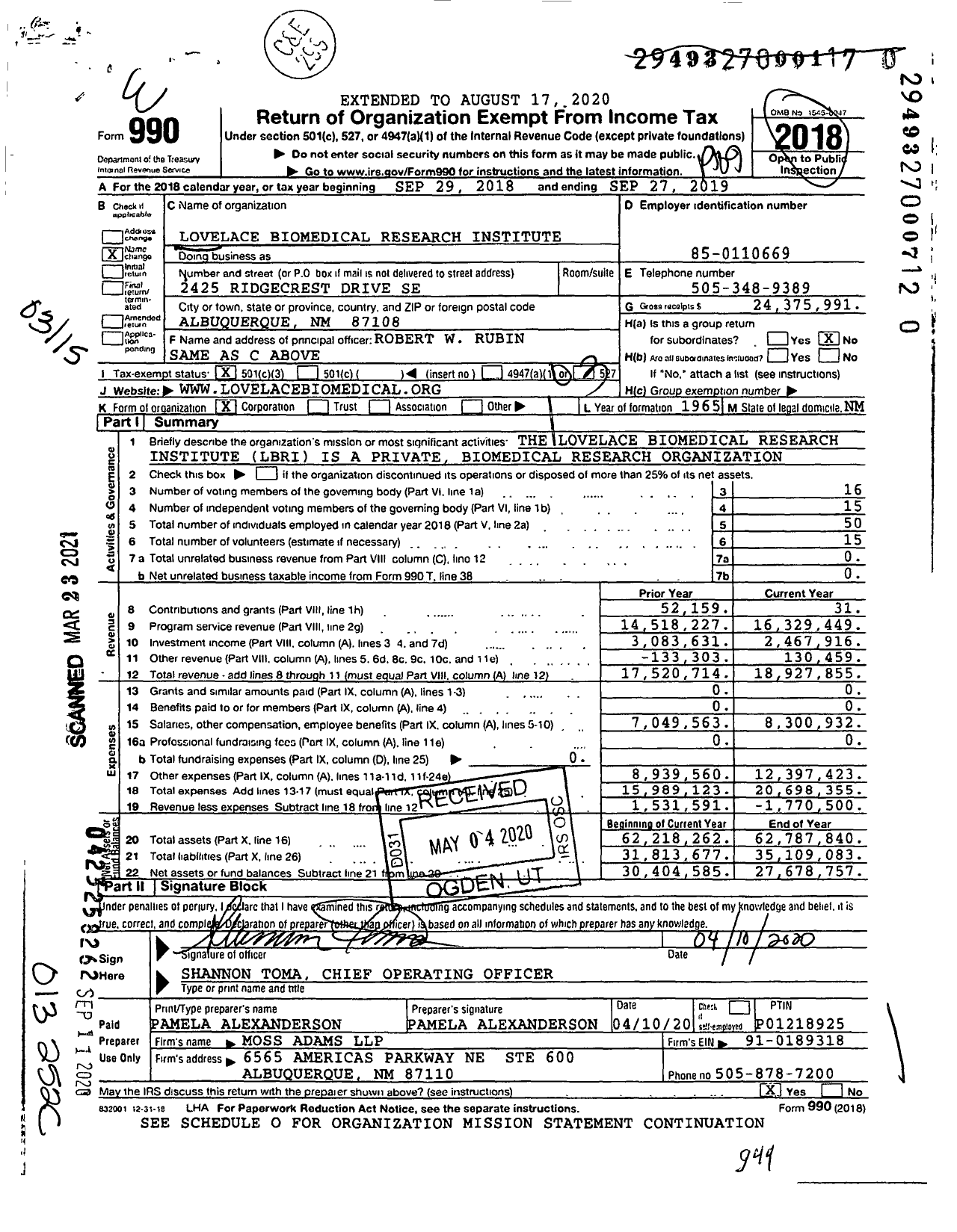 Image of first page of 2018 Form 990 for Lovelace Biomedical Research Institute