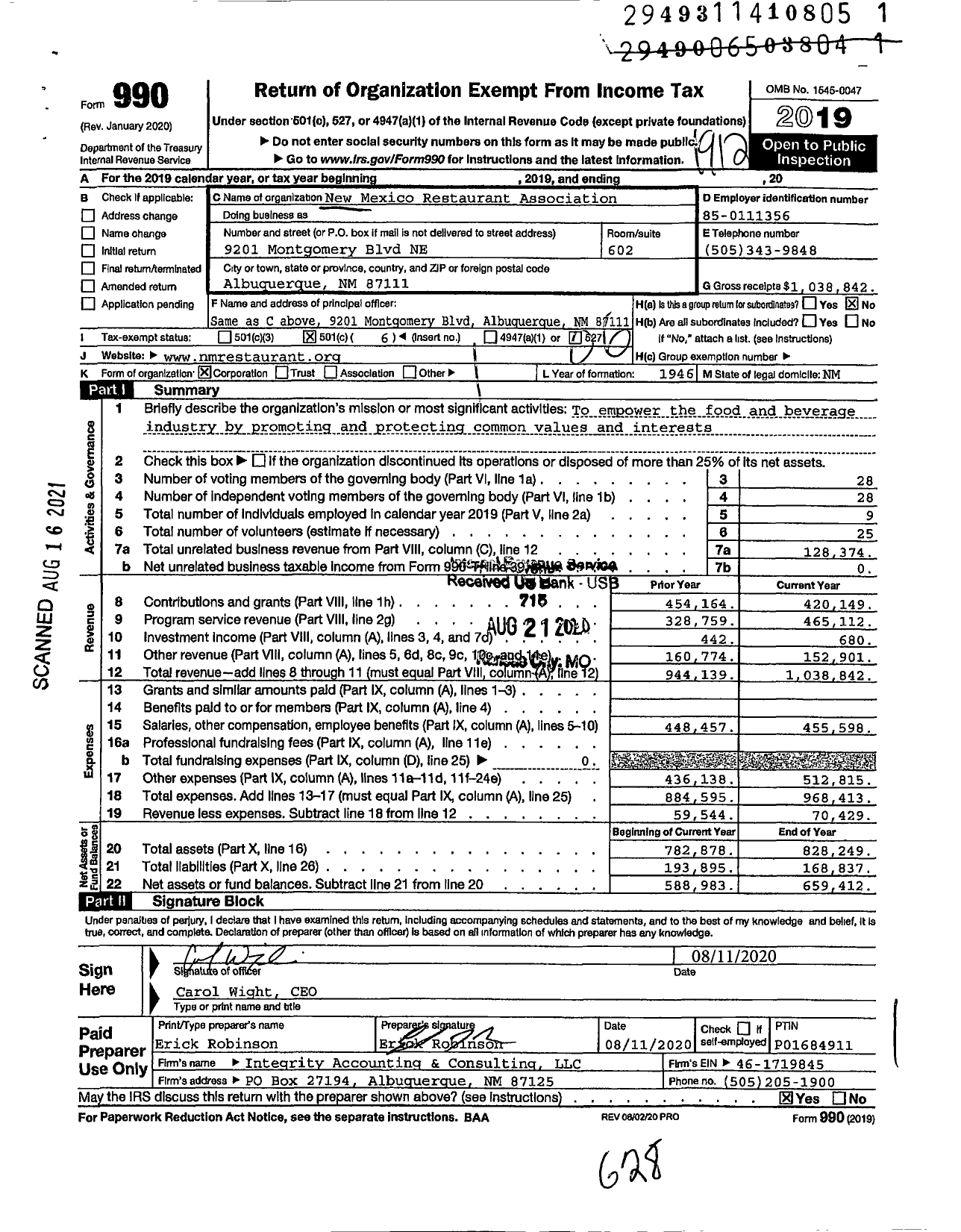 Image of first page of 2019 Form 990O for New Mexico Restaurant Association