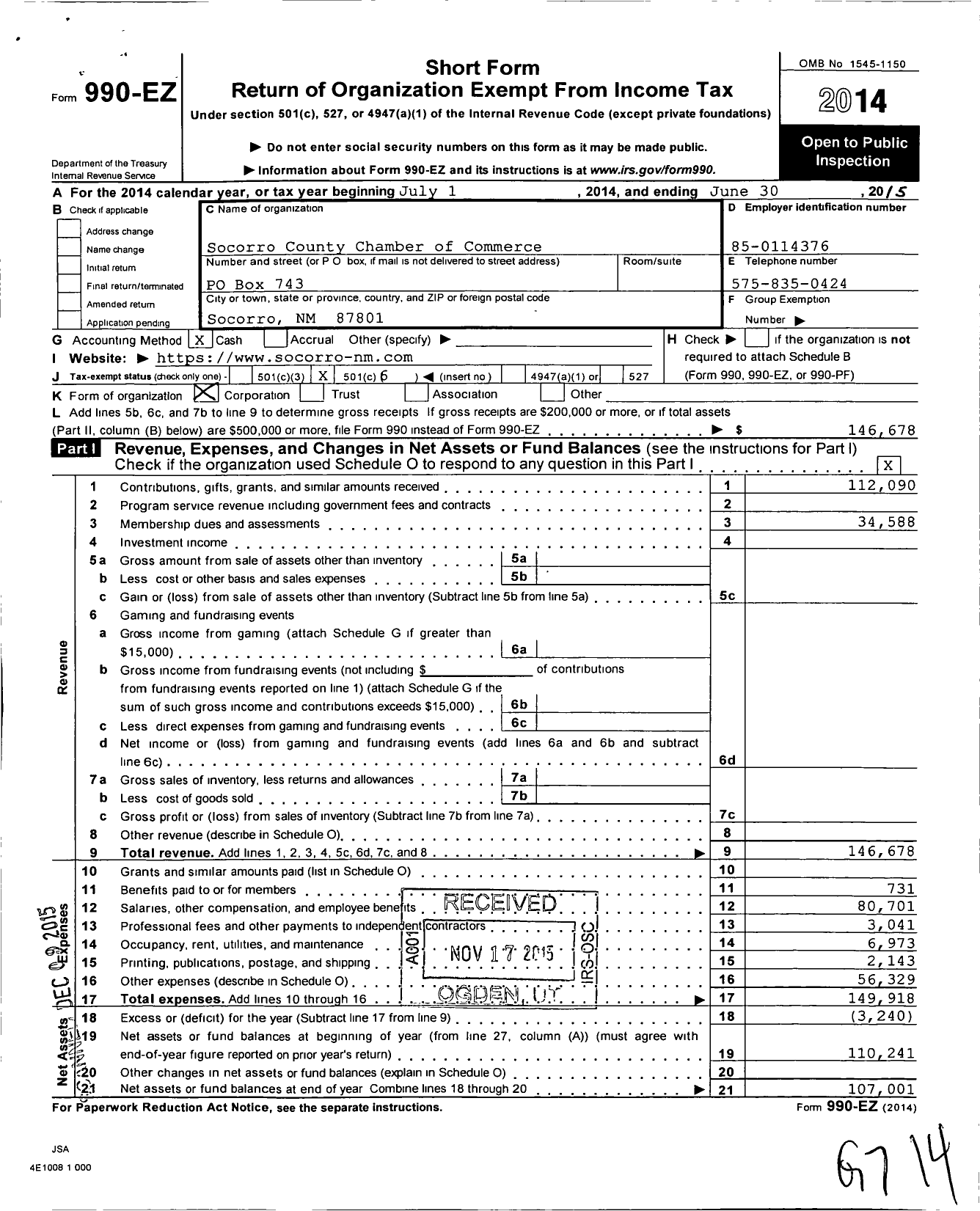 Image of first page of 2014 Form 990EO for Socorro County Chamber of Commerce