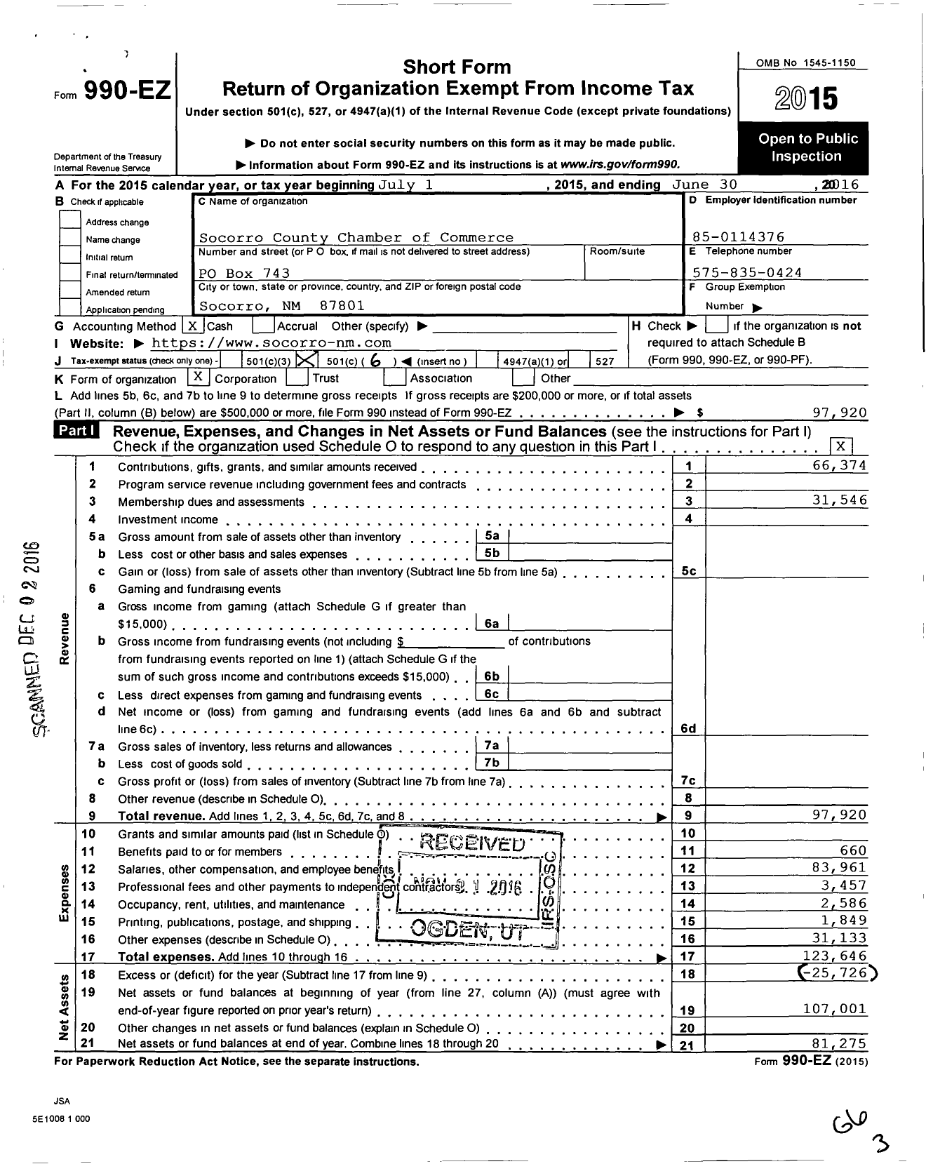 Image of first page of 2015 Form 990EO for Socorro County Chamber of Commerce