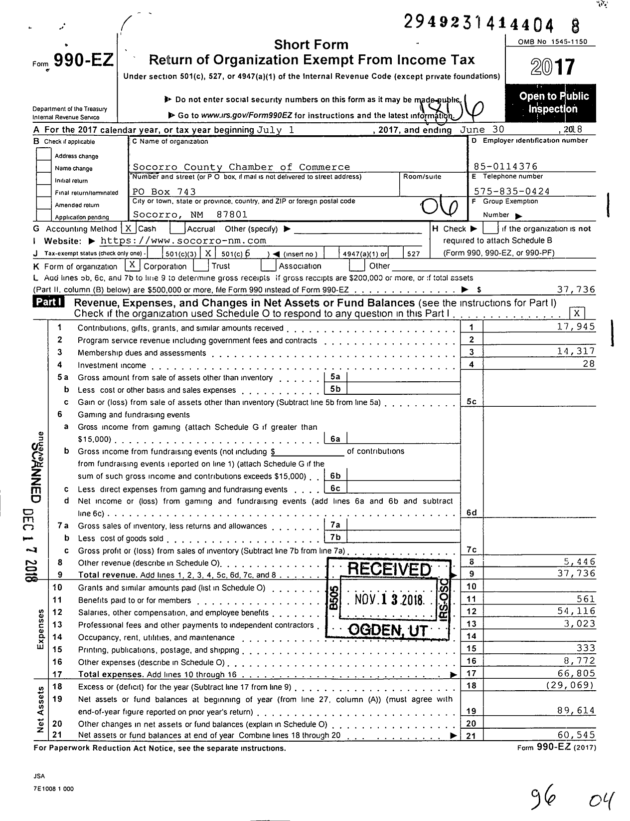 Image of first page of 2017 Form 990EO for Socorro County Chamber of Commerce