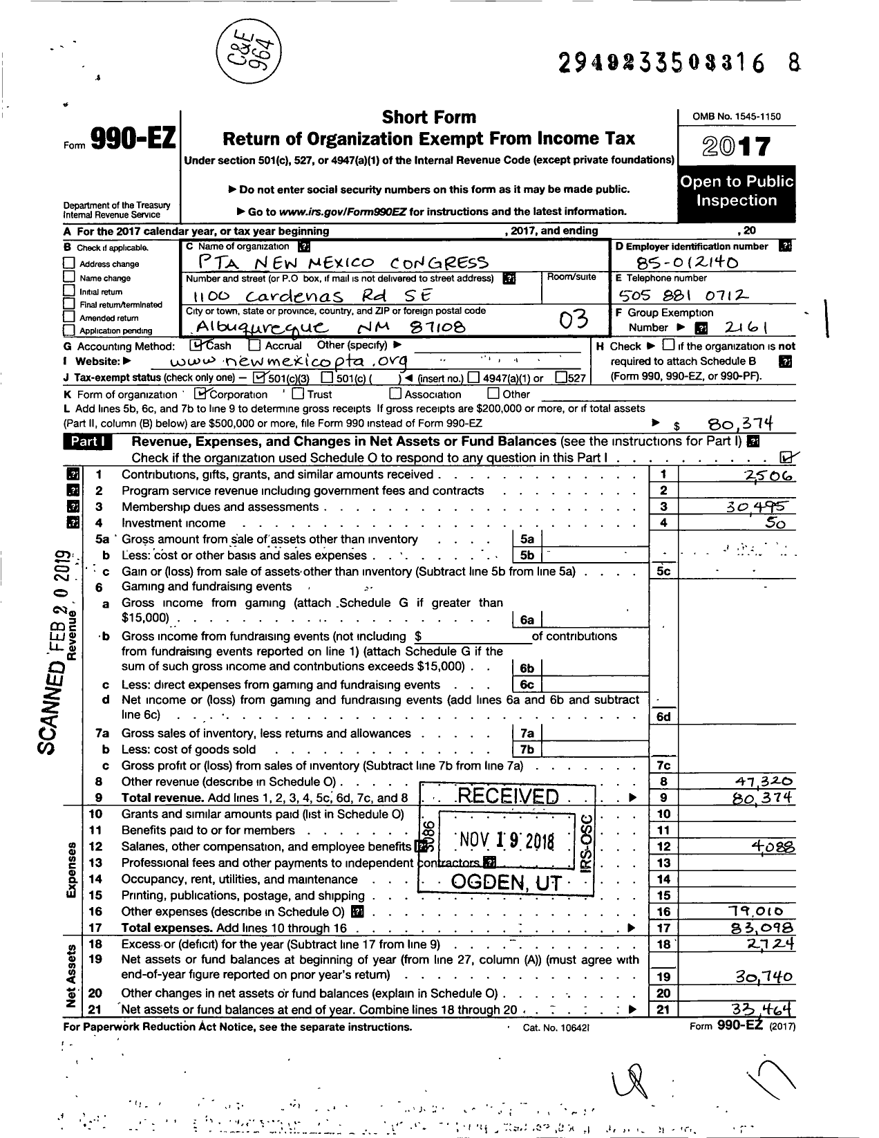 Image of first page of 2017 Form 990EZ for PTA New Mexico CONGRESS / NM PTA Parent Organization